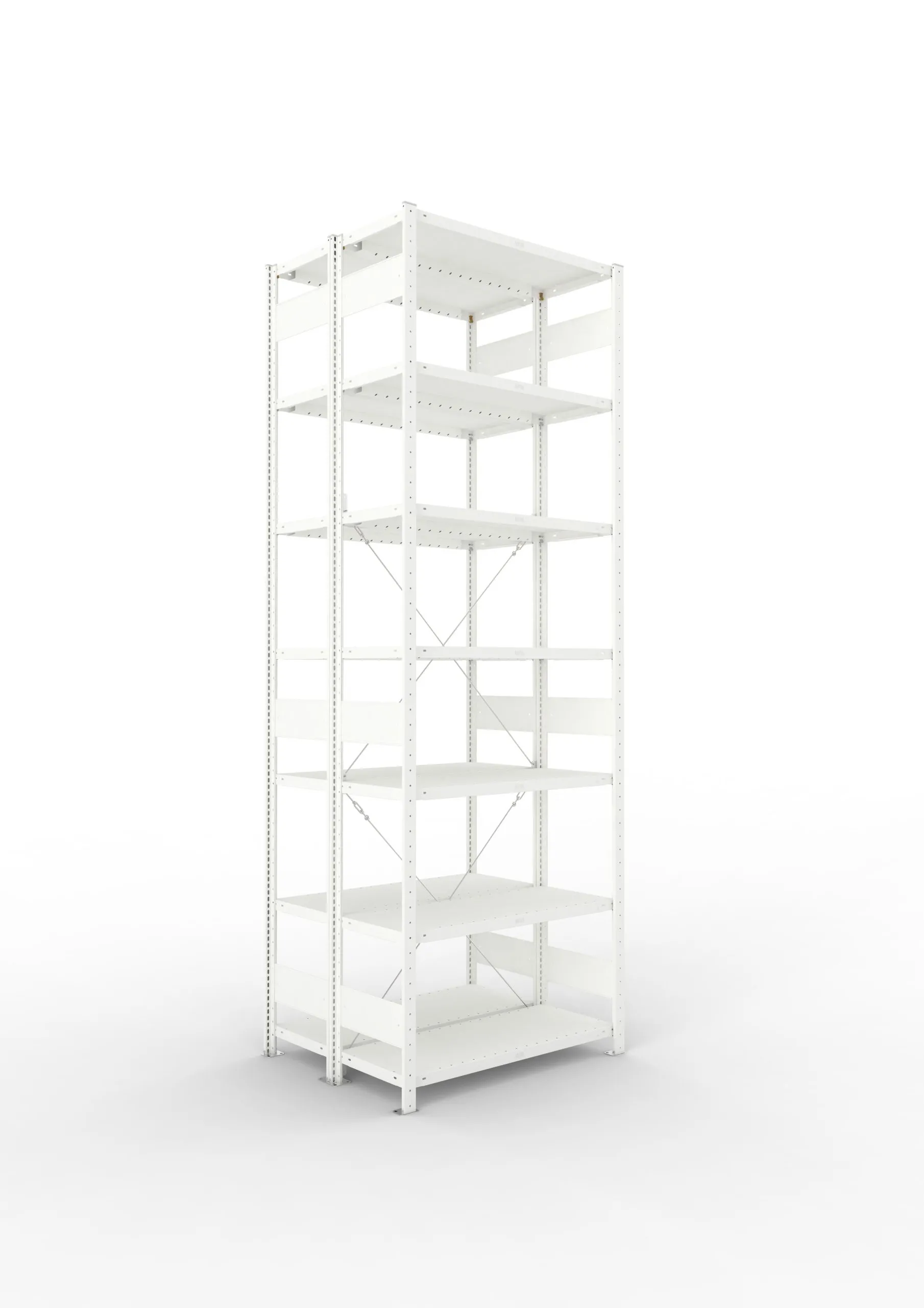 Meta Fachbodenregal Stecksystem CLIP mit vorgefertigten Rahmen | Grundregal | HxBxT 300x100x80cm | 7 Ebenen | Fachlast 230kg | Doppelseitige Bauart mit Diagonalverstrebung | Lichtgrau