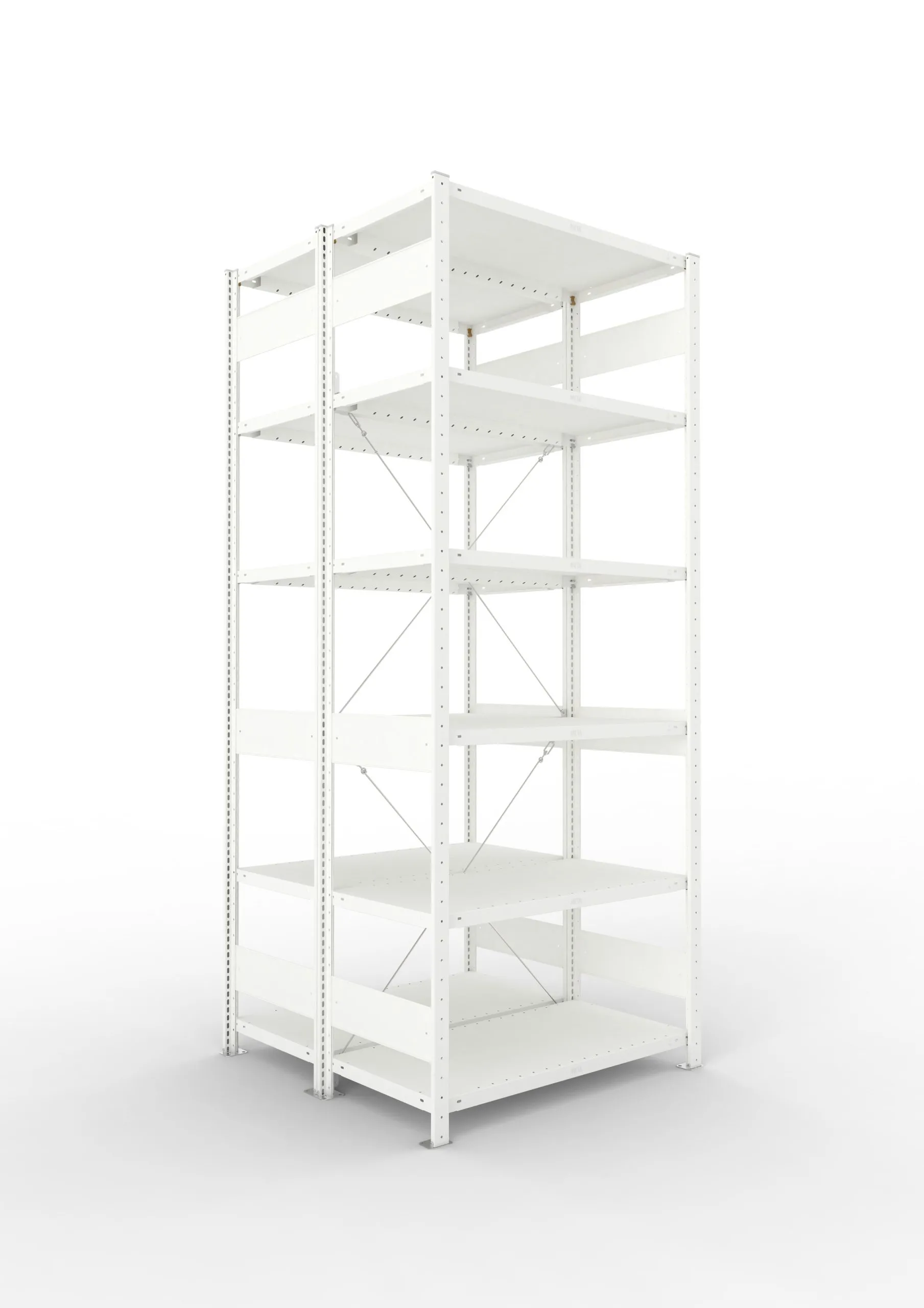 Meta Fachbodenregal Stecksystem CLIP mit vorgefertigten Rahmen | Grundregal | HxBxT 250x100x100cm | 6 Ebenen | Fachlast 230kg | Doppelseitige Bauart mit Diagonalverstrebung | Lichtgrau