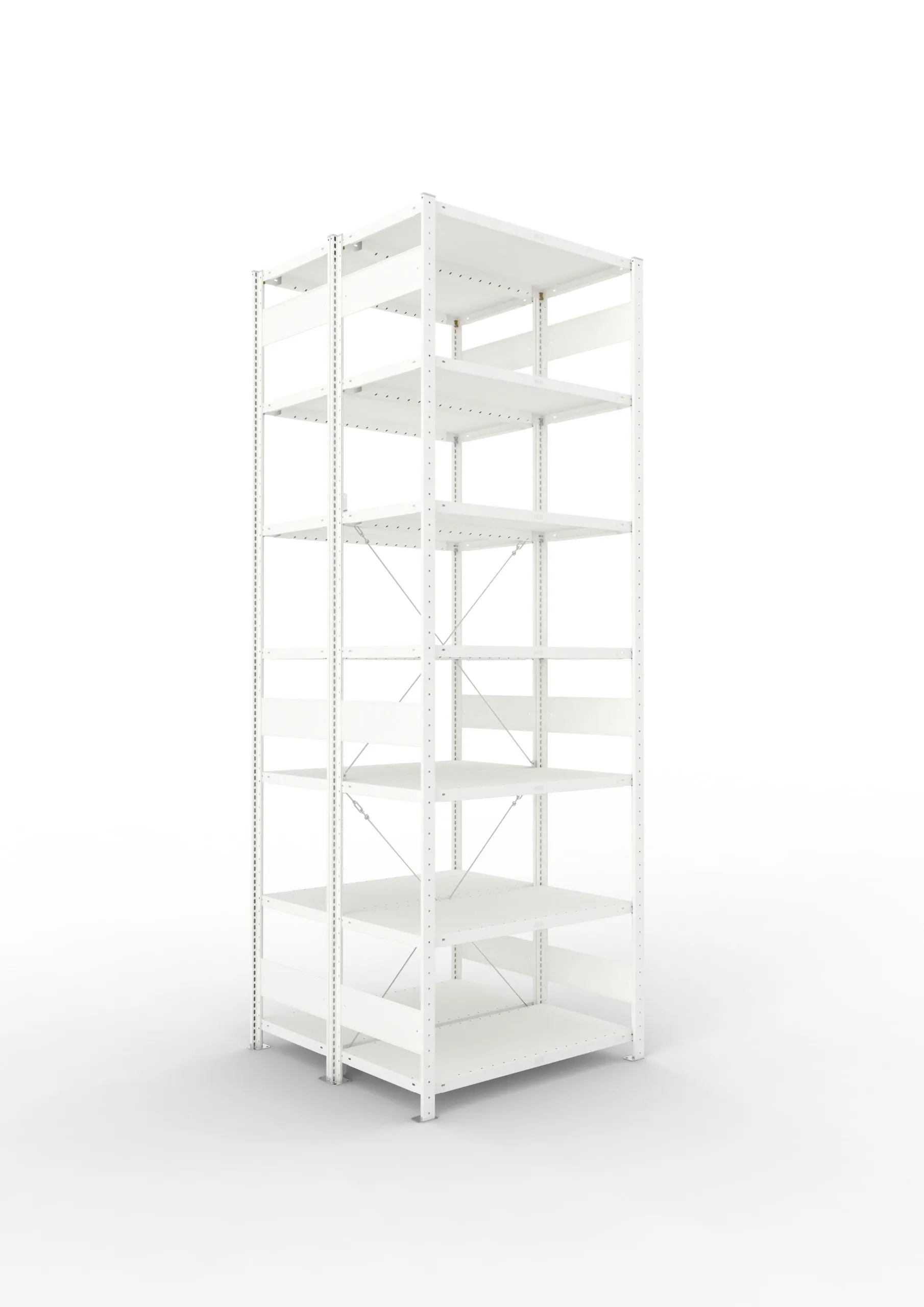 Meta Fachbodenregal Stecksystem CLIP mit vorgefertigten Rahmen | Grundregal | HxBxT 300x100x100cm | 7 Ebenen | Fachlast 230kg | Doppelseitige Bauart mit Diagonalverstrebung | Lichtgrau