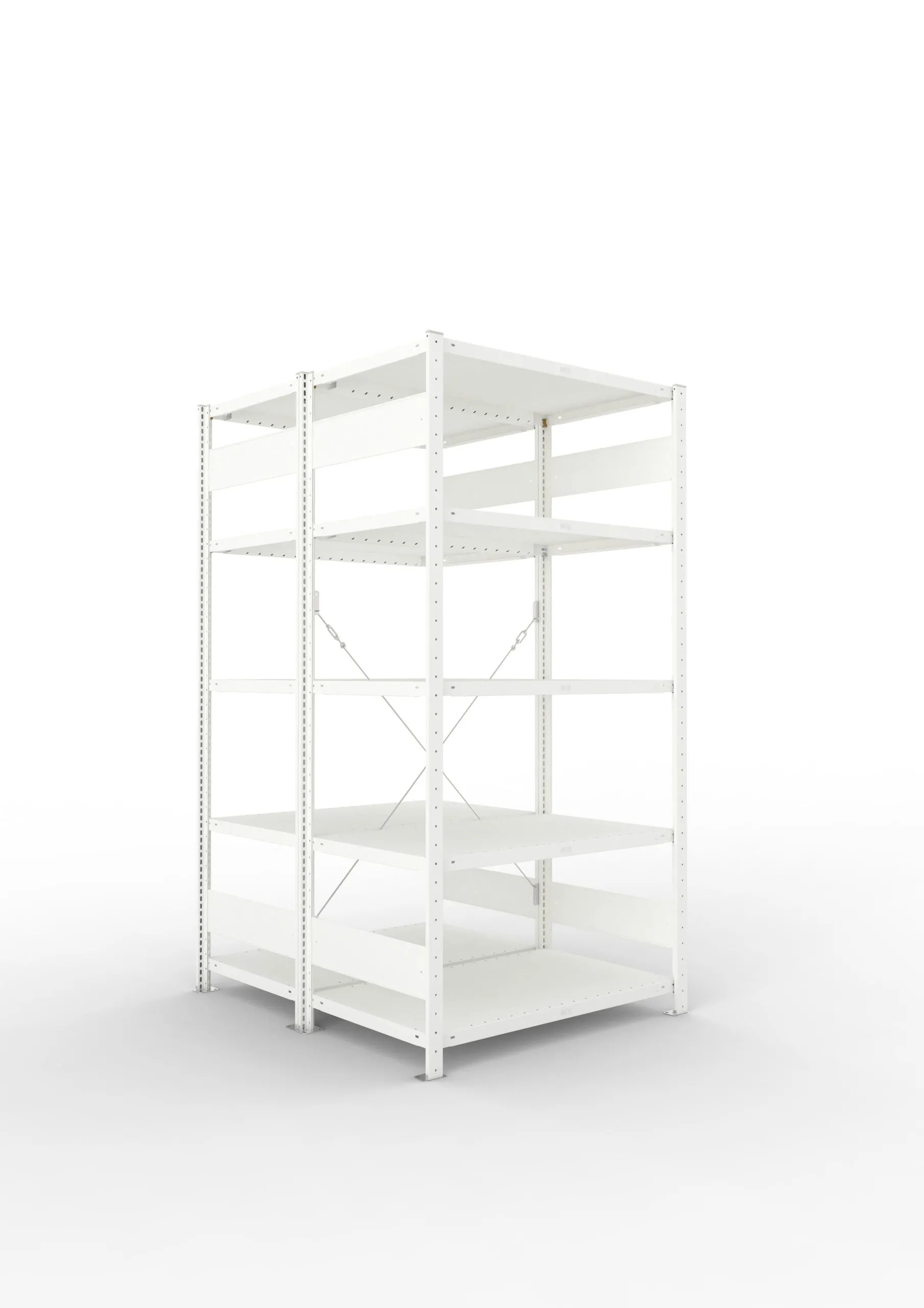 Meta Fachbodenregal Stecksystem CLIP mit vorgefertigten Rahmen | Grundregal | HxBxT 200x100x120cm | 5 Ebenen | Fachlast 230kg | Doppelseitige Bauart mit Diagonalverstrebung | Lichtgrau