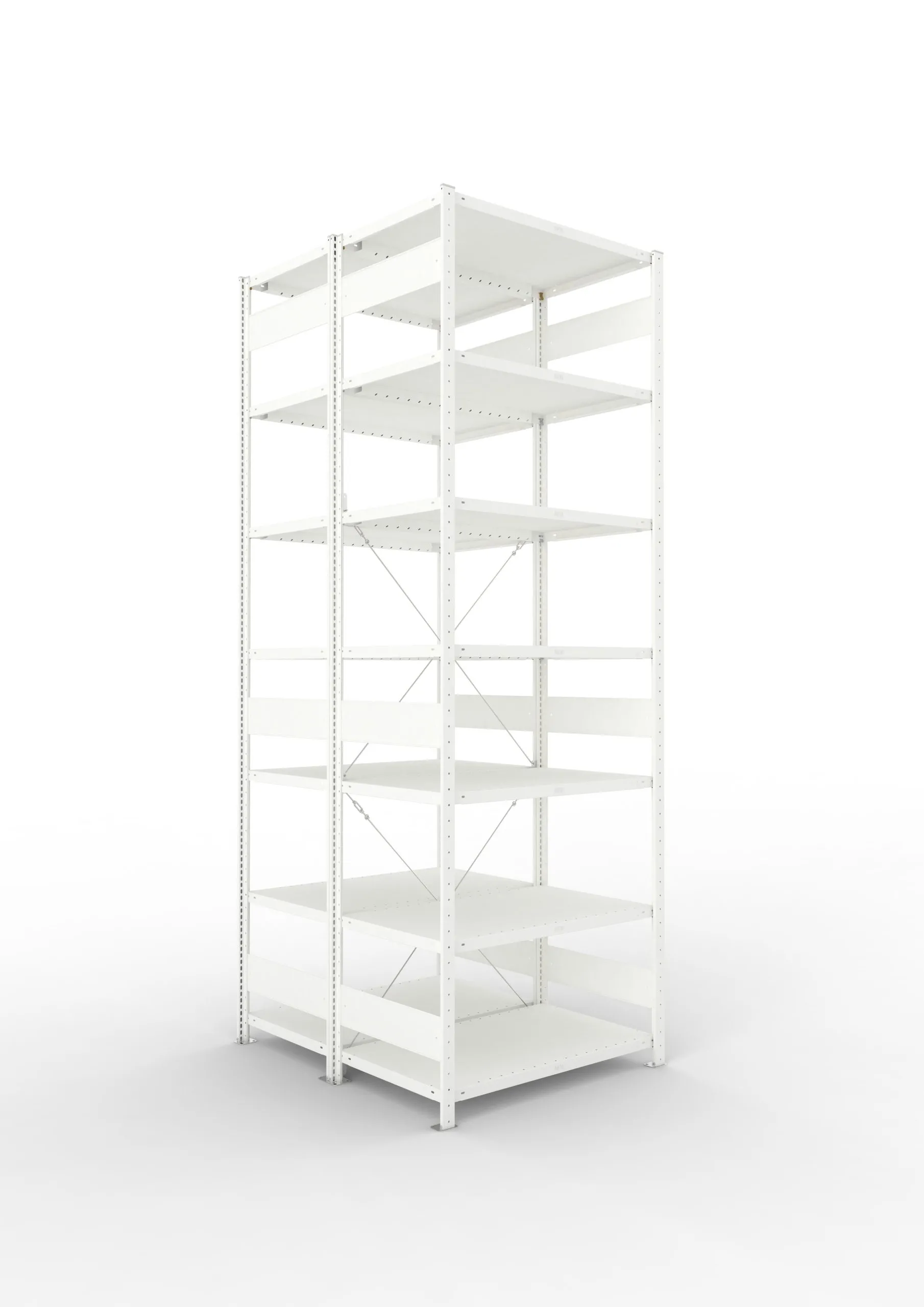 Meta Fachbodenregal Stecksystem CLIP mit vorgefertigten Rahmen | Grundregal | HxBxT 300x100x120cm | 7 Ebenen | Fachlast 230kg | Doppelseitige Bauart mit Diagonalverstrebung | Lichtgrau