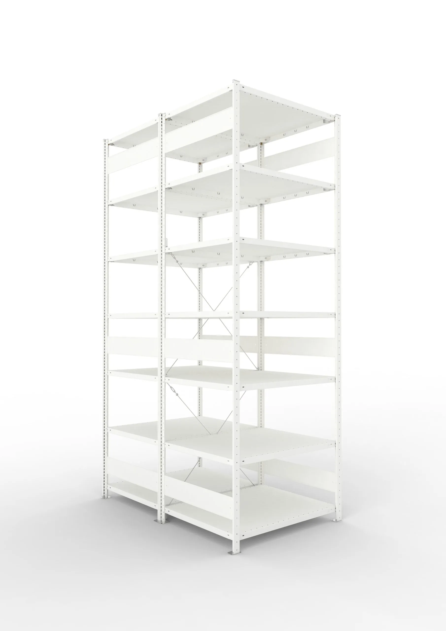 Meta Fachbodenregal Stecksystem CLIP mit vorgefertigten Rahmen | Grundregal | HxBxT 300x100x160cm | 7 Ebenen | Fachlast 230kg | Doppelseitige Bauart mit Diagonalverstrebung | Lichtgrau