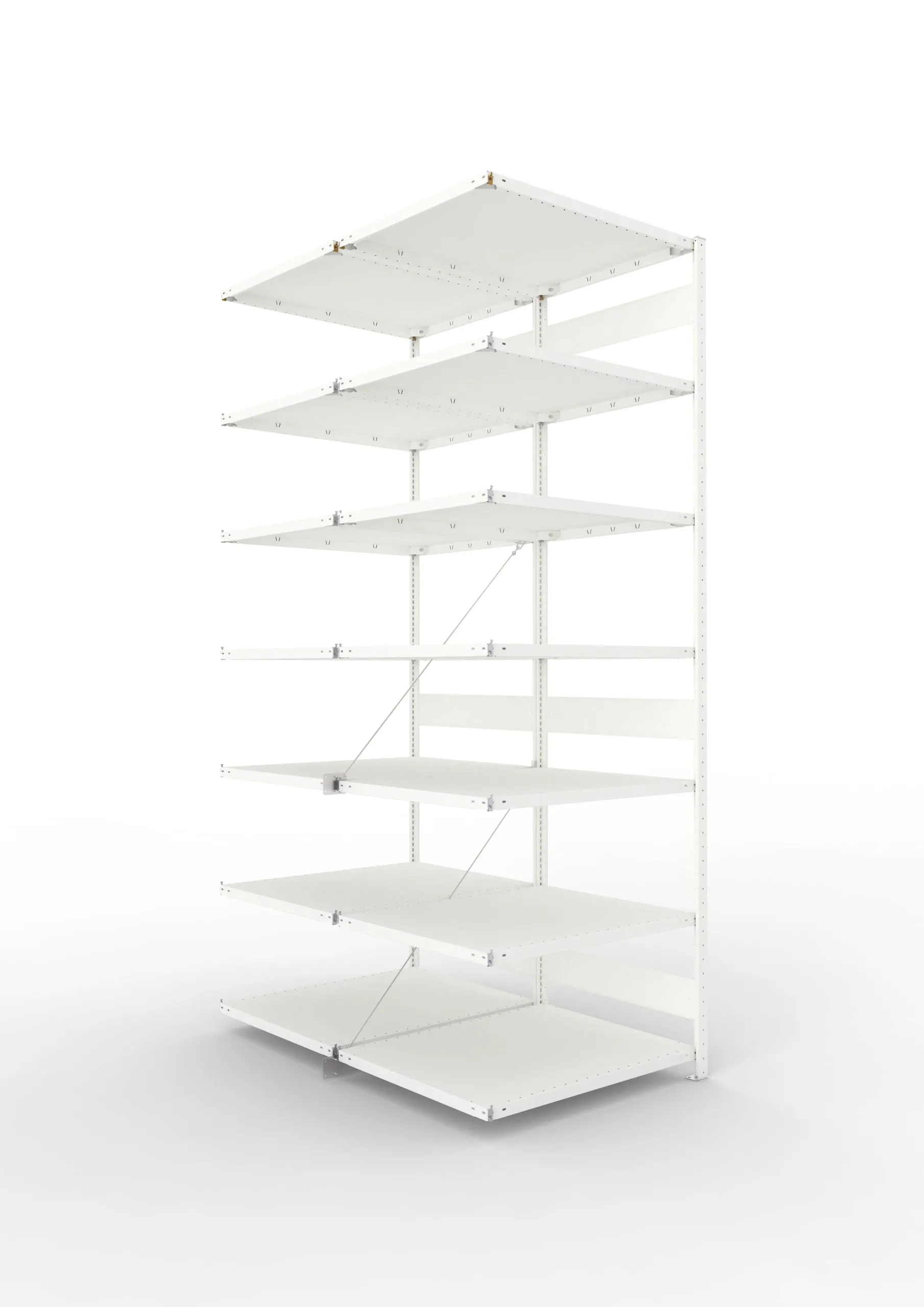 Meta Fachbodenregal Stecksystem CLIP mit vorgefertigten Rahmen | Anbauregal | HxBxT 300x100x160cm | 7 Ebenen | Fachlast 230kg | Doppelseitige Bauart mit Diagonalverstrebung | Lichtgrau