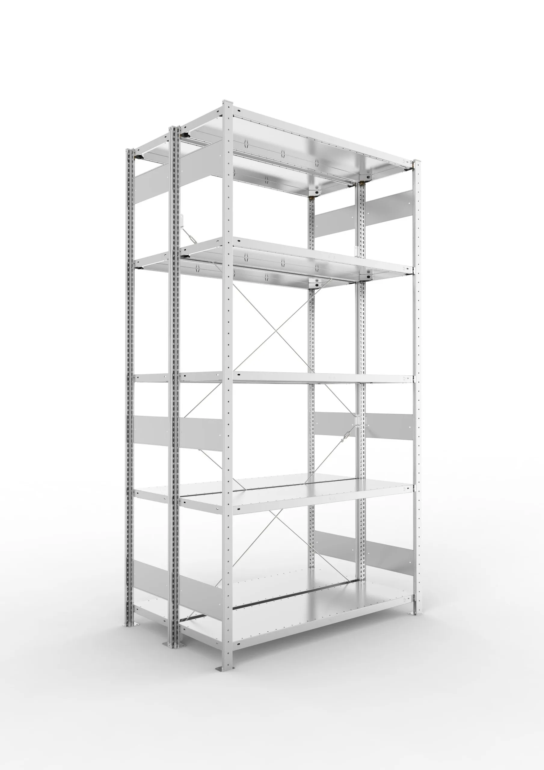 Meta Fachbodenregal Stecksystem CLIP mit vorgefertigten Rahmen | Grundregal | HxBxT 250x130x80cm | 5 Ebenen | Fachlast 230kg | Doppelseitige Bauart mit Diagonalverstrebung | Verzinkt