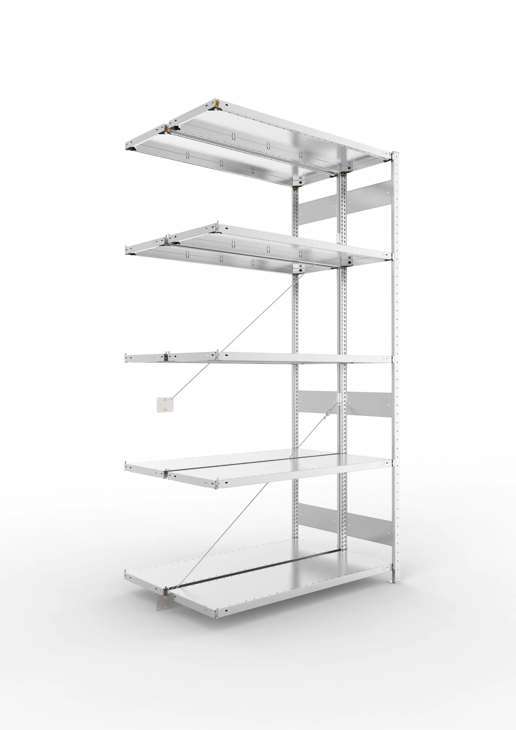 Meta Fachbodenregal Stecksystem CLIP mit vorgefertigten Rahmen | Anbauregal | HxBxT 250x130x80cm | 5 Ebenen | Fachlast 230kg | Doppelseitige Bauart mit Diagonalverstrebung | Verzinkt