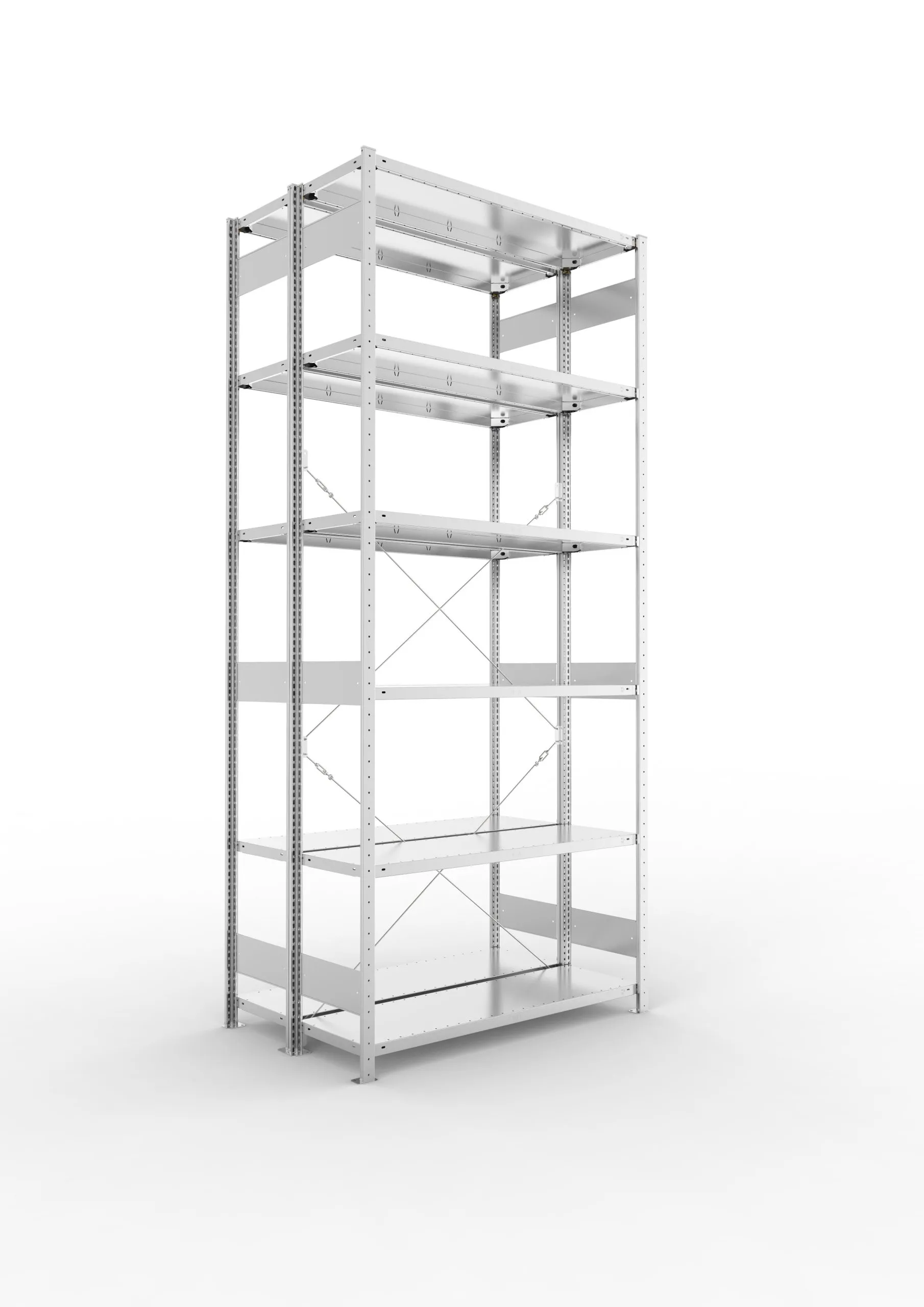 Meta Fachbodenregal Stecksystem CLIP mit vorgefertigten Rahmen | Grundregal | HxBxT 300x130x80cm | 6 Ebenen | Fachlast 230kg | Doppelseitige Bauart mit Diagonalverstrebung | Verzinkt