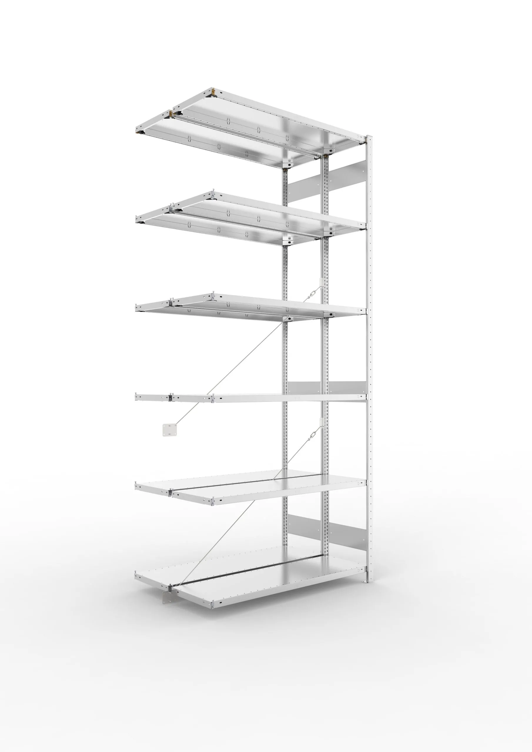 Meta Fachbodenregal Stecksystem CLIP mit vorgefertigten Rahmen | Anbauregal | HxBxT 300x130x80cm | 6 Ebenen | Fachlast 230kg | Doppelseitige Bauart mit Diagonalverstrebung | Verzinkt