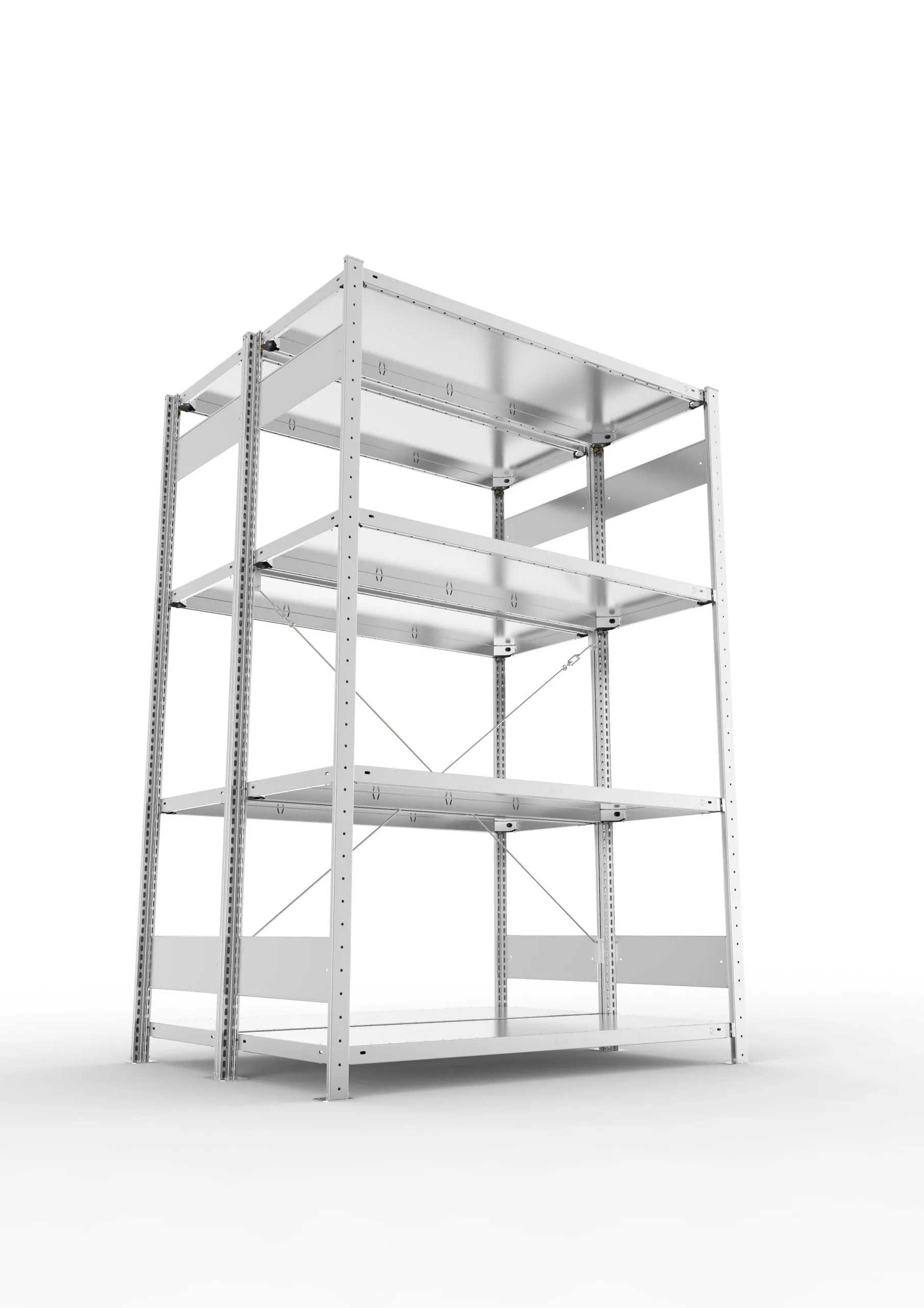 Meta Fachbodenregal Stecksystem CLIP mit vorgefertigten Rahmen | Grundregal | HxBxT 200x130x100cm | 4 Ebenen | Fachlast 230kg | Doppelseitige Bauart mit Diagonalverstrebung | Verzinkt