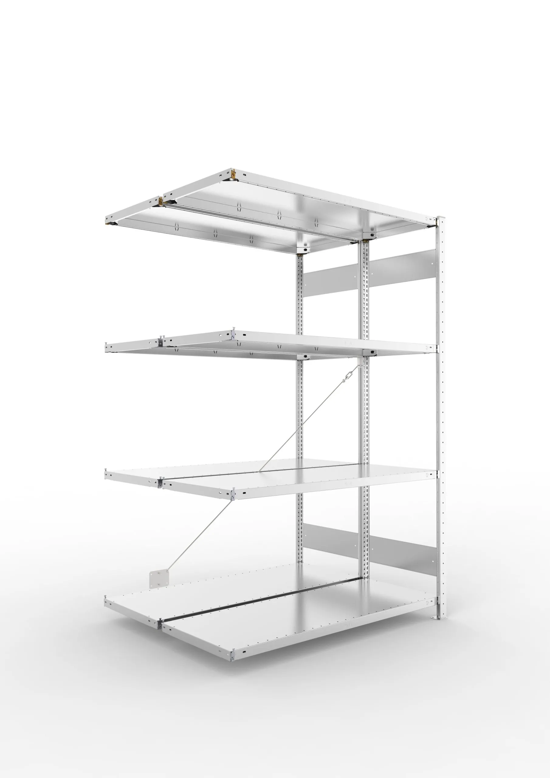 Meta Fachbodenregal Stecksystem CLIP mit vorgefertigten Rahmen | Anbauregal | HxBxT 200x130x100cm | 4 Ebenen | Fachlast 230kg | Doppelseitige Bauart mit Diagonalverstrebung | Verzinkt