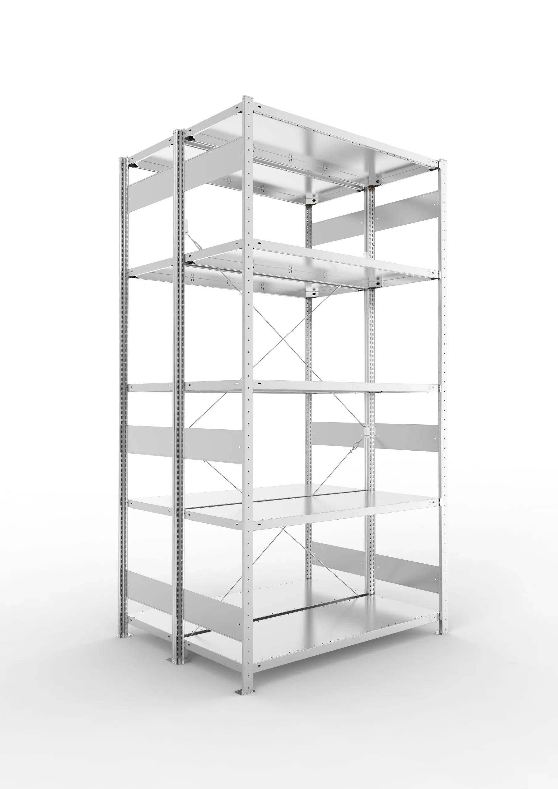 Meta Fachbodenregal Stecksystem CLIP mit vorgefertigten Rahmen | Grundregal | HxBxT 250x130x100cm | 5 Ebenen | Fachlast 230kg | Doppelseitige Bauart mit Diagonalverstrebung | Verzinkt