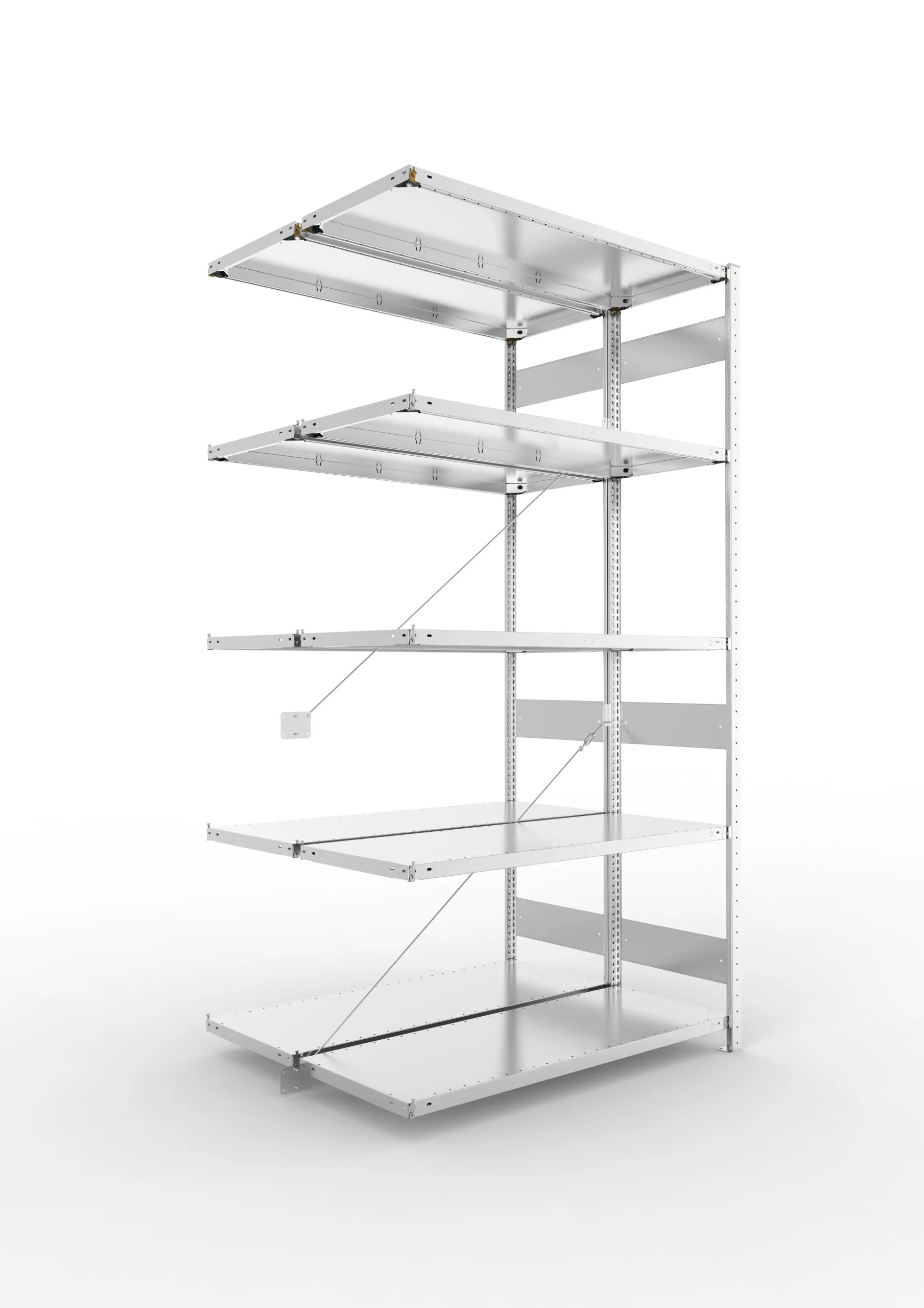 Meta Fachbodenregal Stecksystem CLIP mit vorgefertigten Rahmen | Anbauregal | HxBxT 250x130x100cm | 5 Ebenen | Fachlast 230kg | Doppelseitige Bauart mit Diagonalverstrebung | Verzinkt