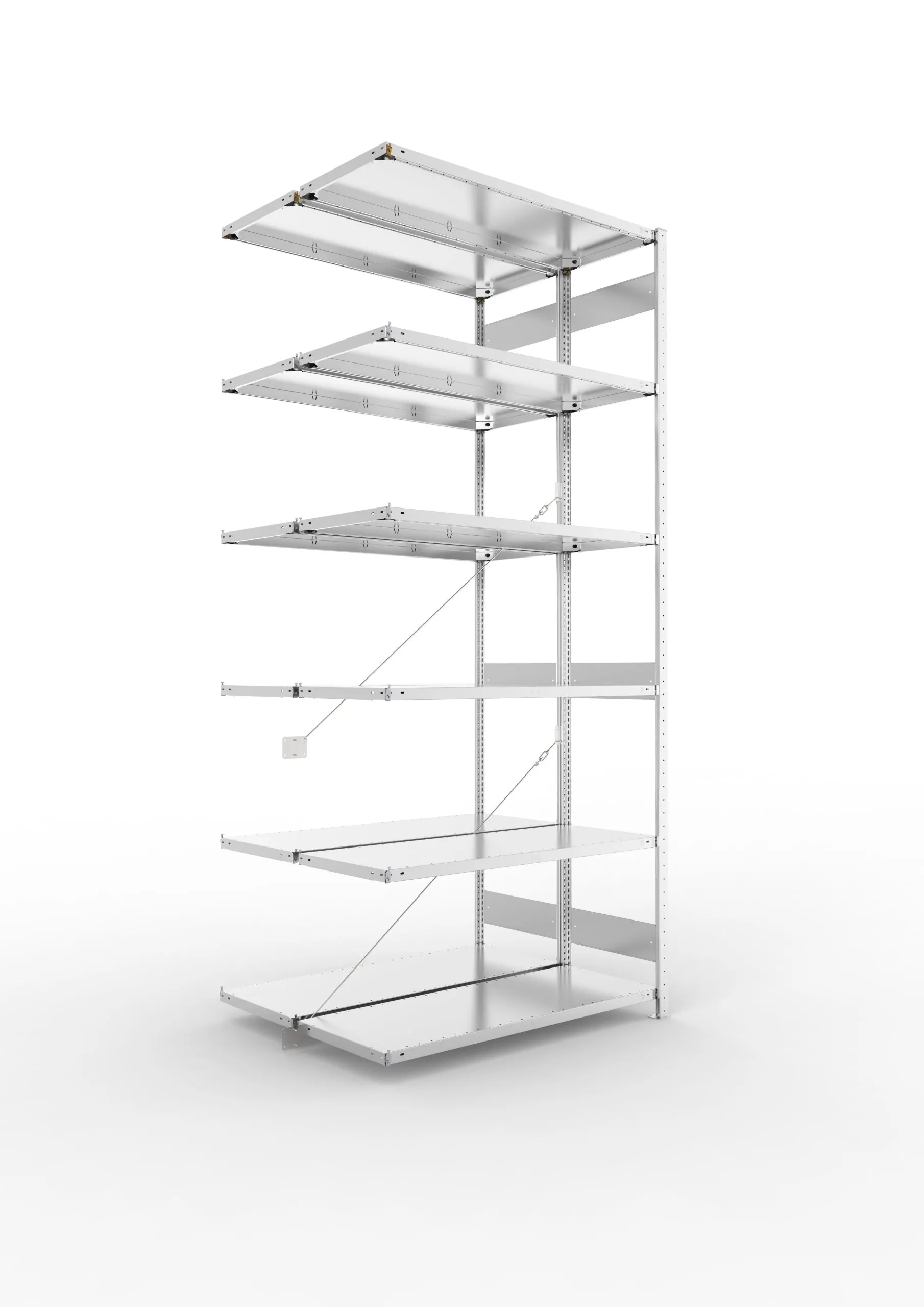 Meta Fachbodenregal Stecksystem CLIP mit vorgefertigten Rahmen | Anbauregal | HxBxT 300x130x100cm | 6 Ebenen | Fachlast 230kg | Doppelseitige Bauart mit Diagonalverstrebung | Verzinkt