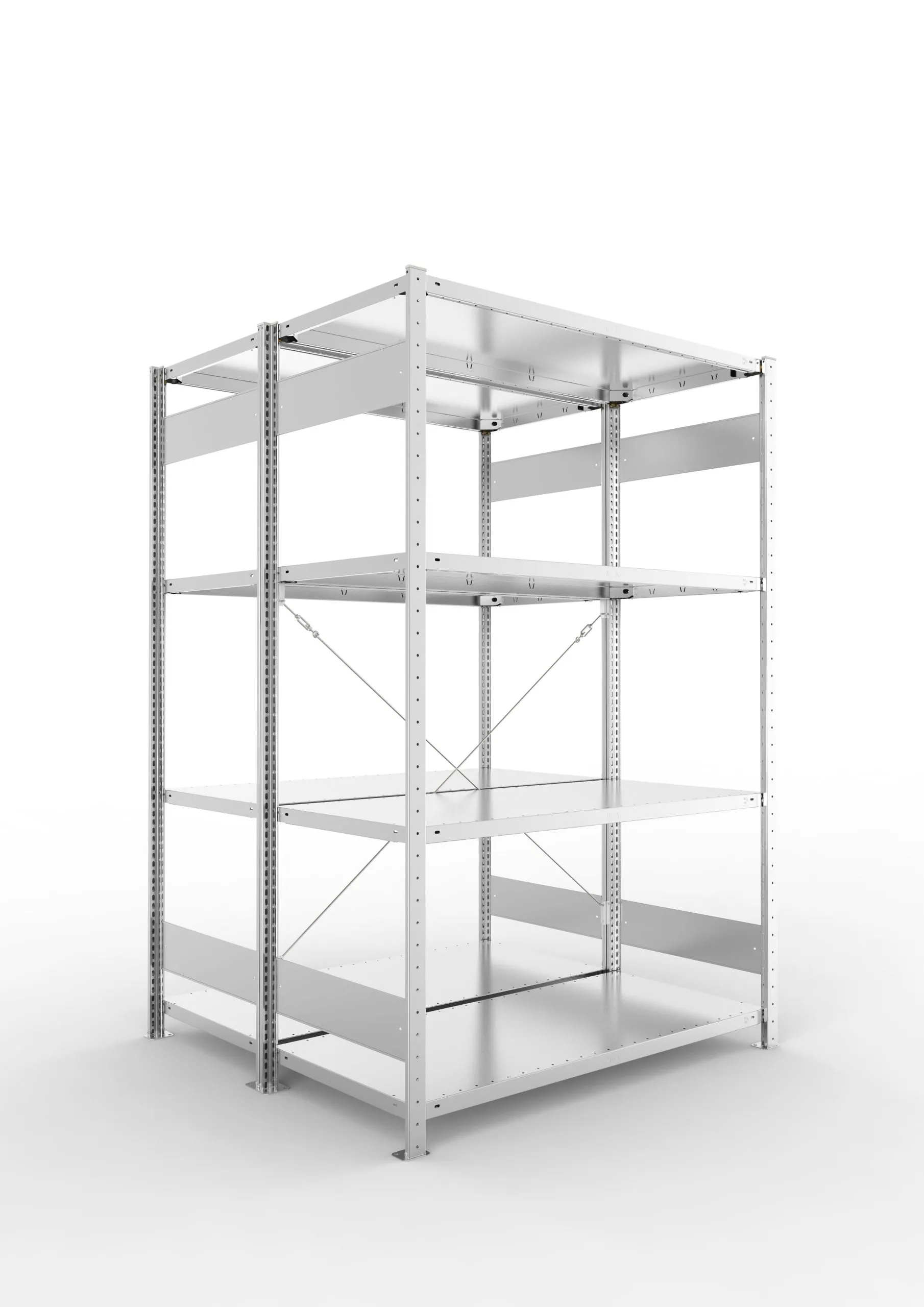 Meta Fachbodenregal Stecksystem CLIP mit vorgefertigten Rahmen | Grundregal | HxBxT 200x130x120cm | 4 Ebenen | Fachlast 230kg | Doppelseitige Bauart mit Diagonalverstrebung | Verzinkt