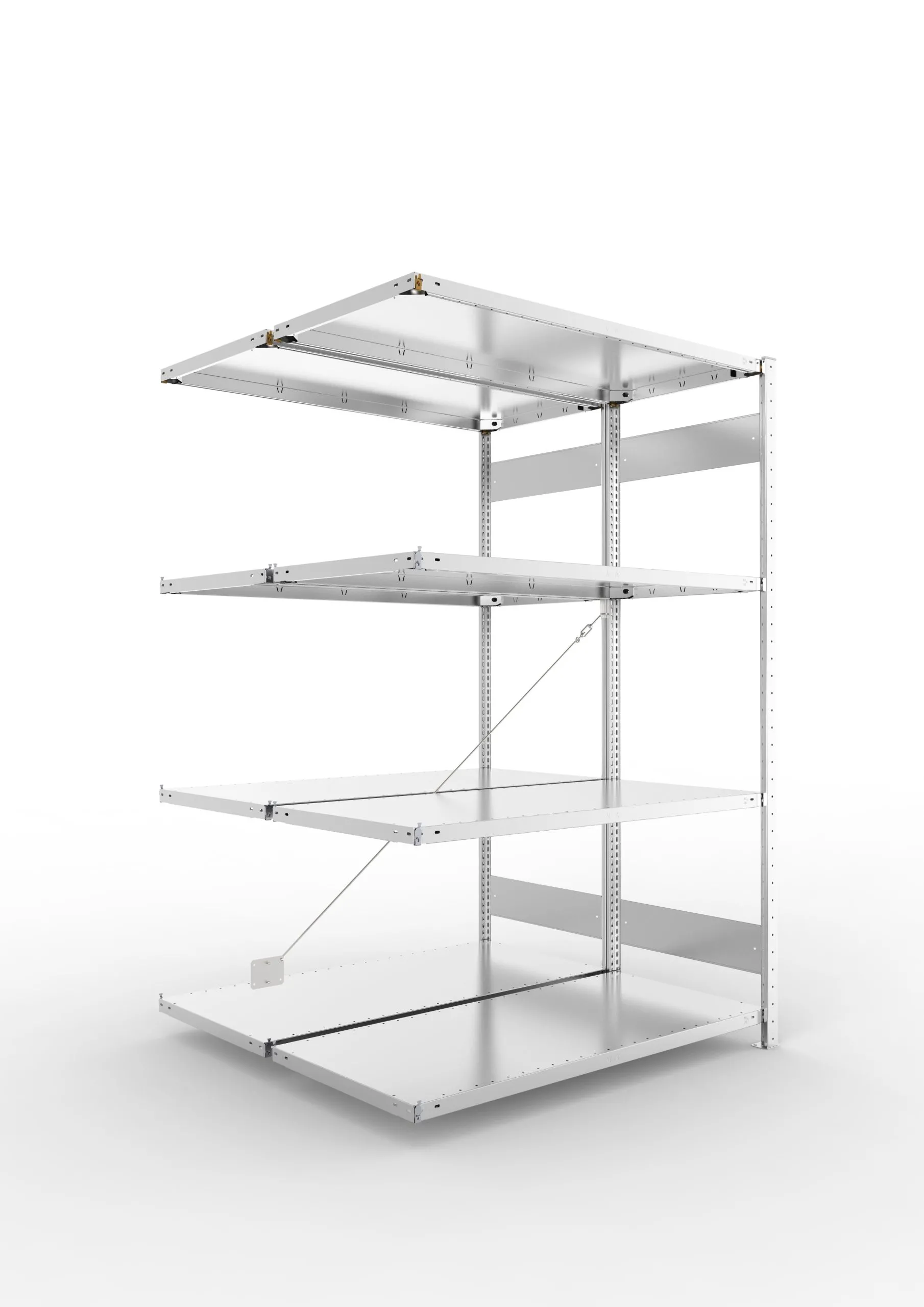 Meta Fachbodenregal Stecksystem CLIP mit vorgefertigten Rahmen | Anbauregal | HxBxT 200x130x120cm | 4 Ebenen | Fachlast 230kg | Doppelseitige Bauart mit Diagonalverstrebung | Verzinkt