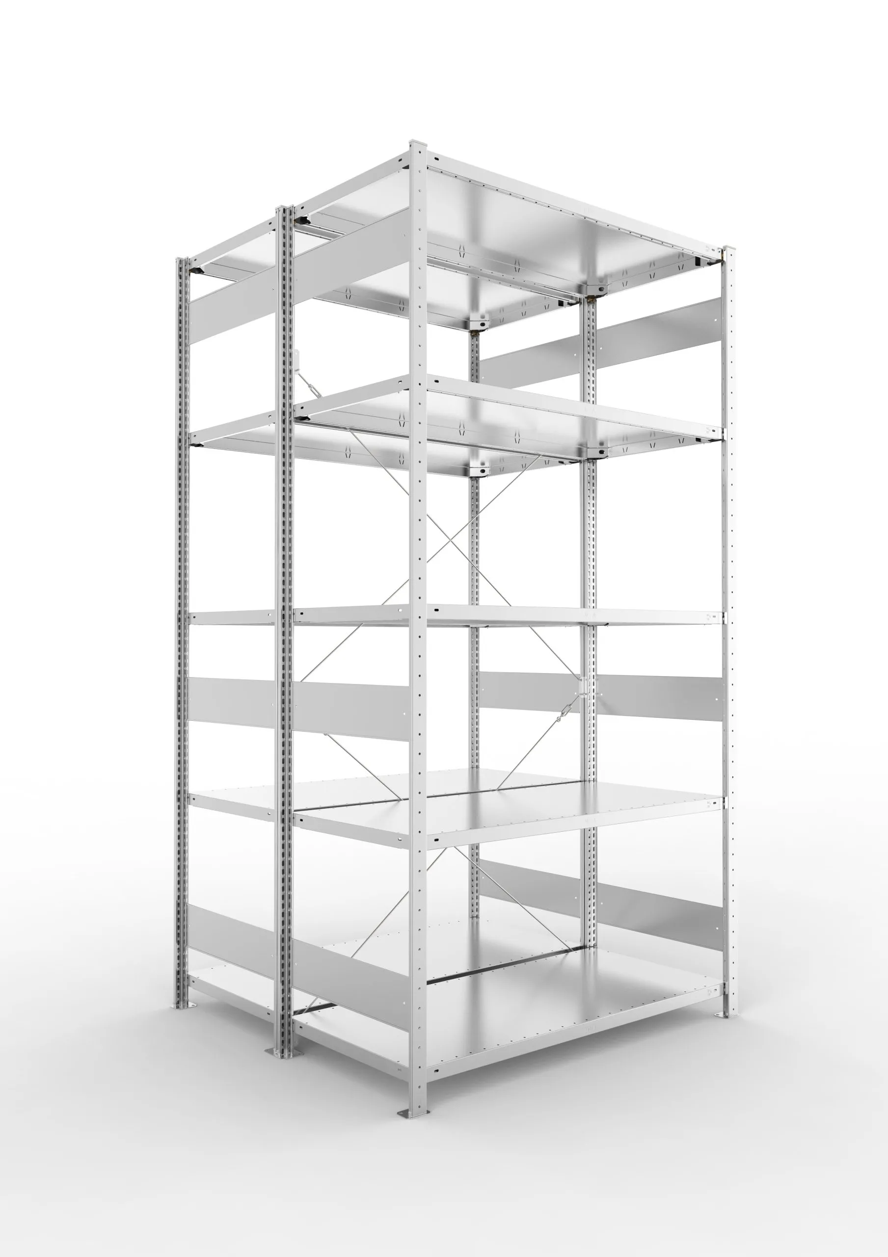 Meta Fachbodenregal Stecksystem CLIP mit vorgefertigten Rahmen | Grundregal | HxBxT 250x130x120cm | 5 Ebenen | Fachlast 230kg | Doppelseitige Bauart mit Diagonalverstrebung | Verzinkt