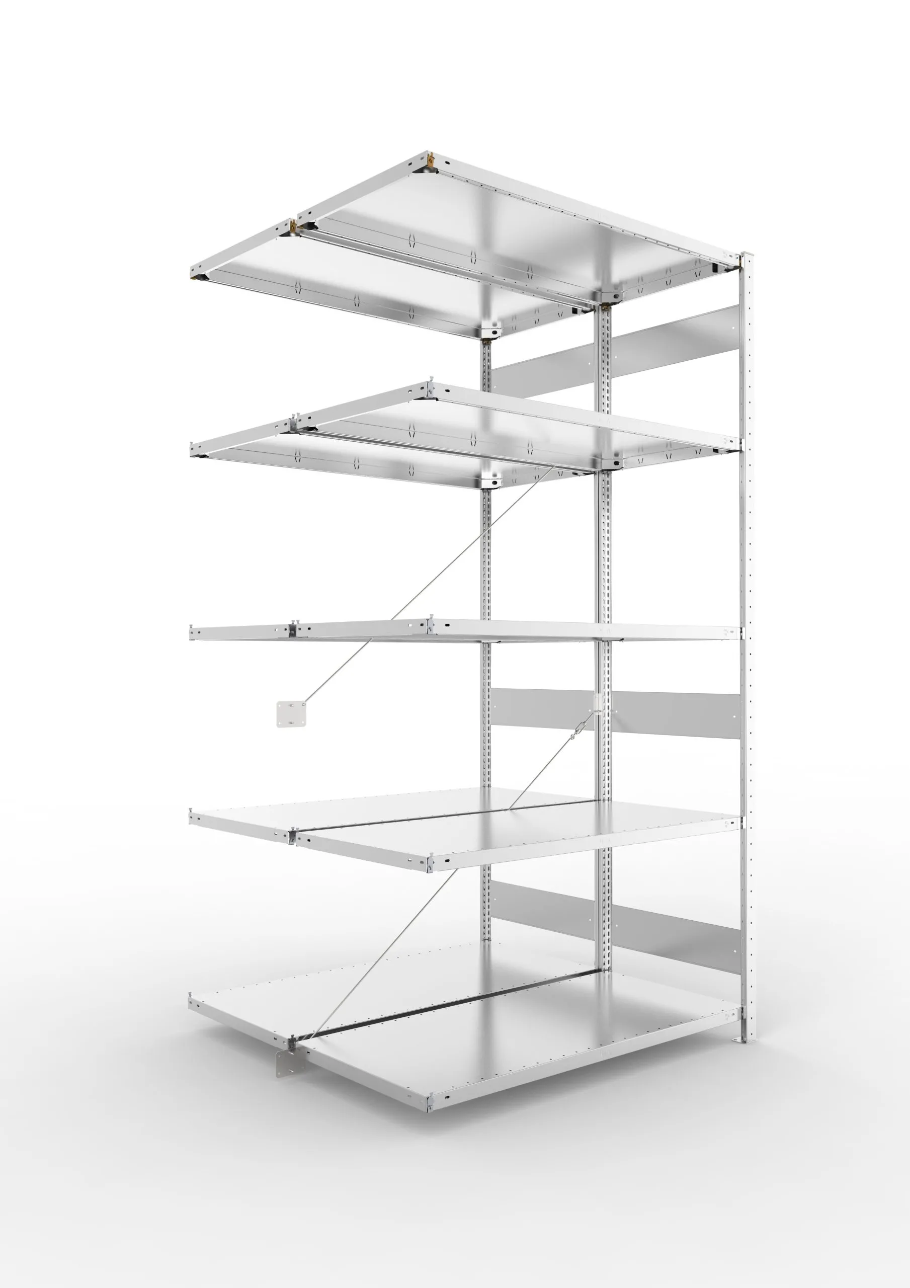 Meta Fachbodenregal Stecksystem CLIP mit vorgefertigten Rahmen | Anbauregal | HxBxT 250x130x120cm | 5 Ebenen | Fachlast 230kg | Doppelseitige Bauart mit Diagonalverstrebung | Verzinkt