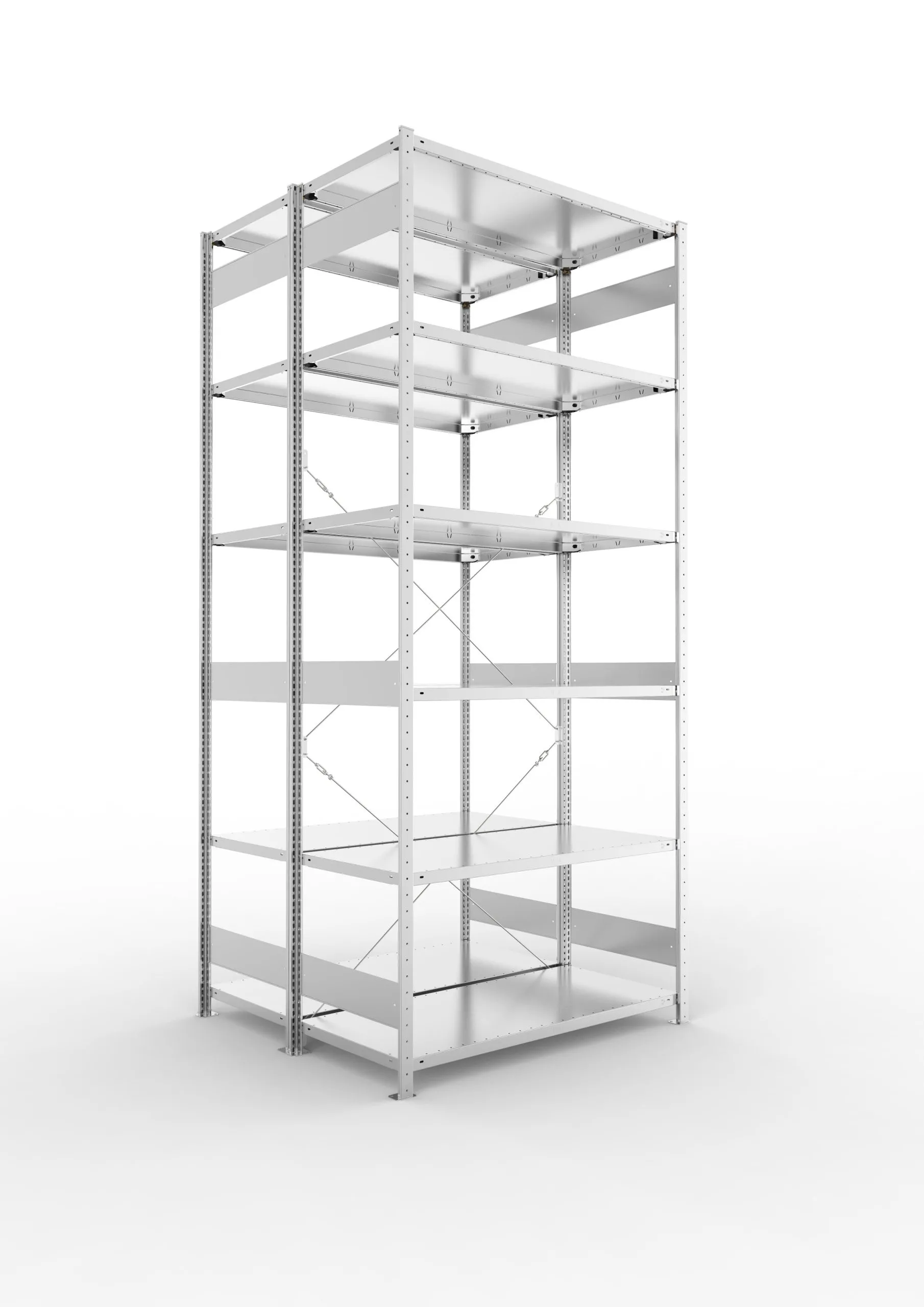 Meta Fachbodenregal Stecksystem CLIP mit vorgefertigten Rahmen | Grundregal | HxBxT 300x130x120cm | 6 Ebenen | Fachlast 230kg | Doppelseitige Bauart mit Diagonalverstrebung | Verzinkt