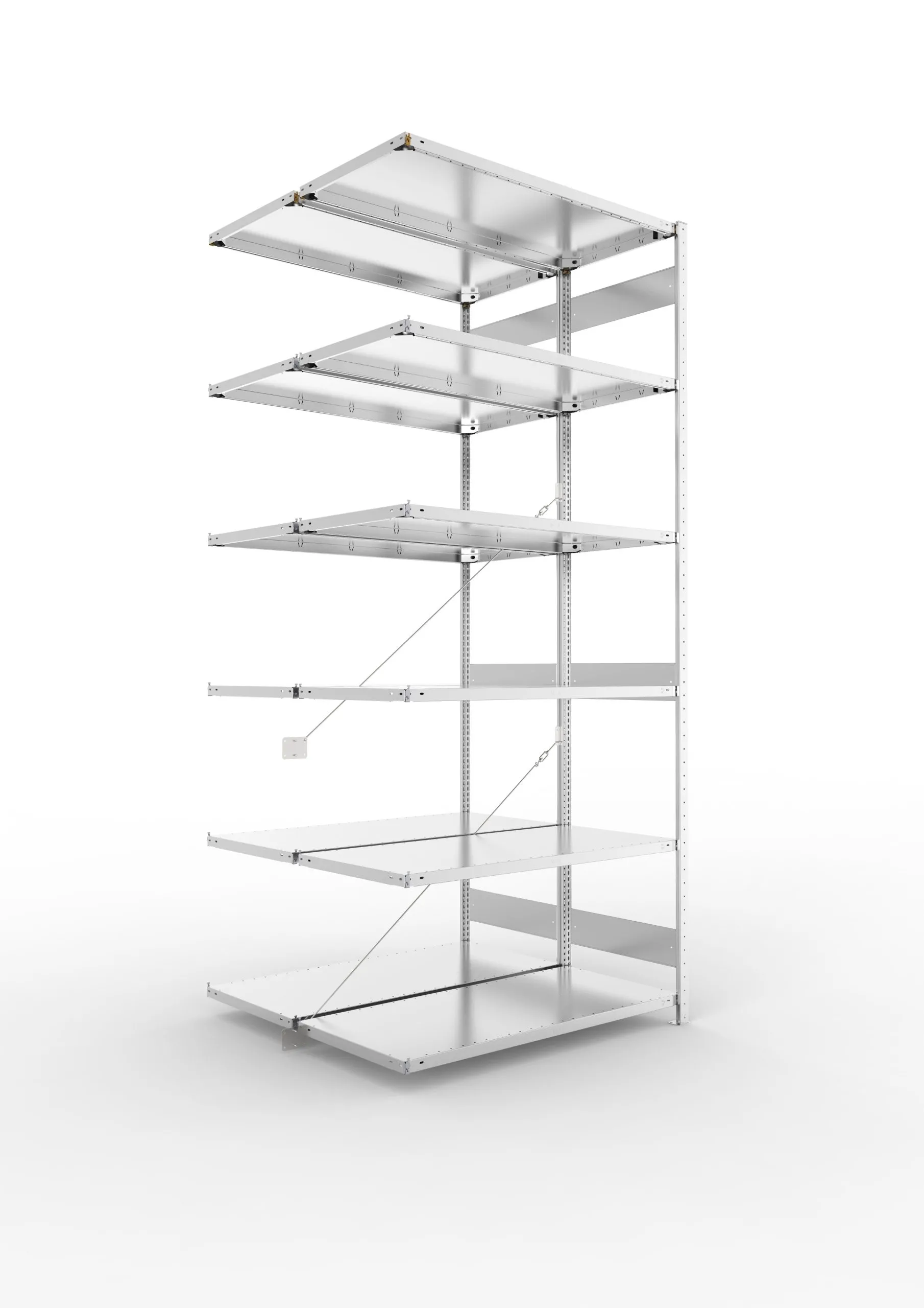 Meta Fachbodenregal Stecksystem CLIP mit vorgefertigten Rahmen | Anbauregal | HxBxT 300x130x120cm | 6 Ebenen | Fachlast 230kg | Doppelseitige Bauart mit Diagonalverstrebung | Verzinkt