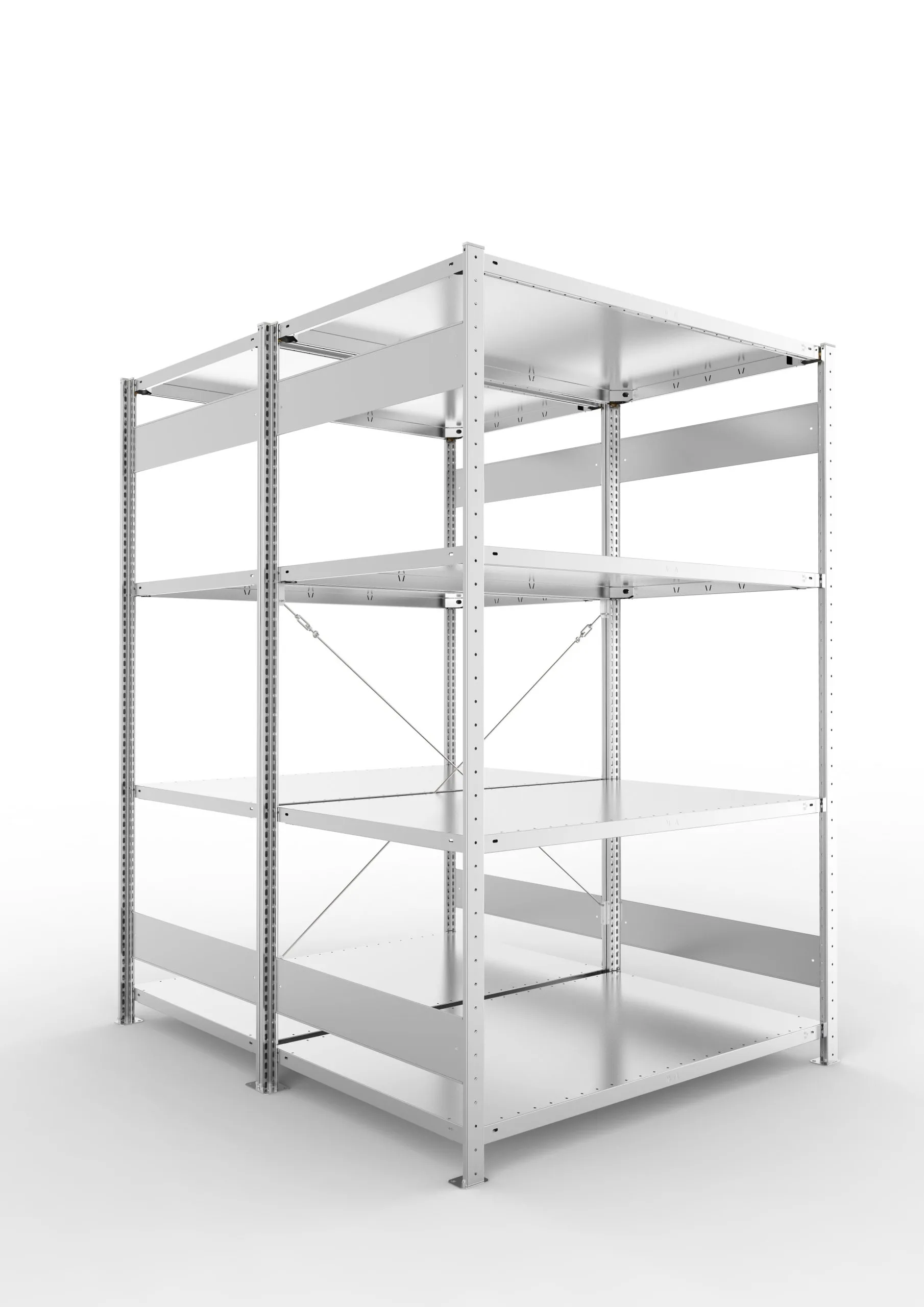 Meta Fachbodenregal Stecksystem CLIP mit vorgefertigten Rahmen | Grundregal | HxBxT 200x130x160cm | 4 Ebenen | Fachlast 230kg | Doppelseitige Bauart mit Diagonalverstrebung | Verzinkt