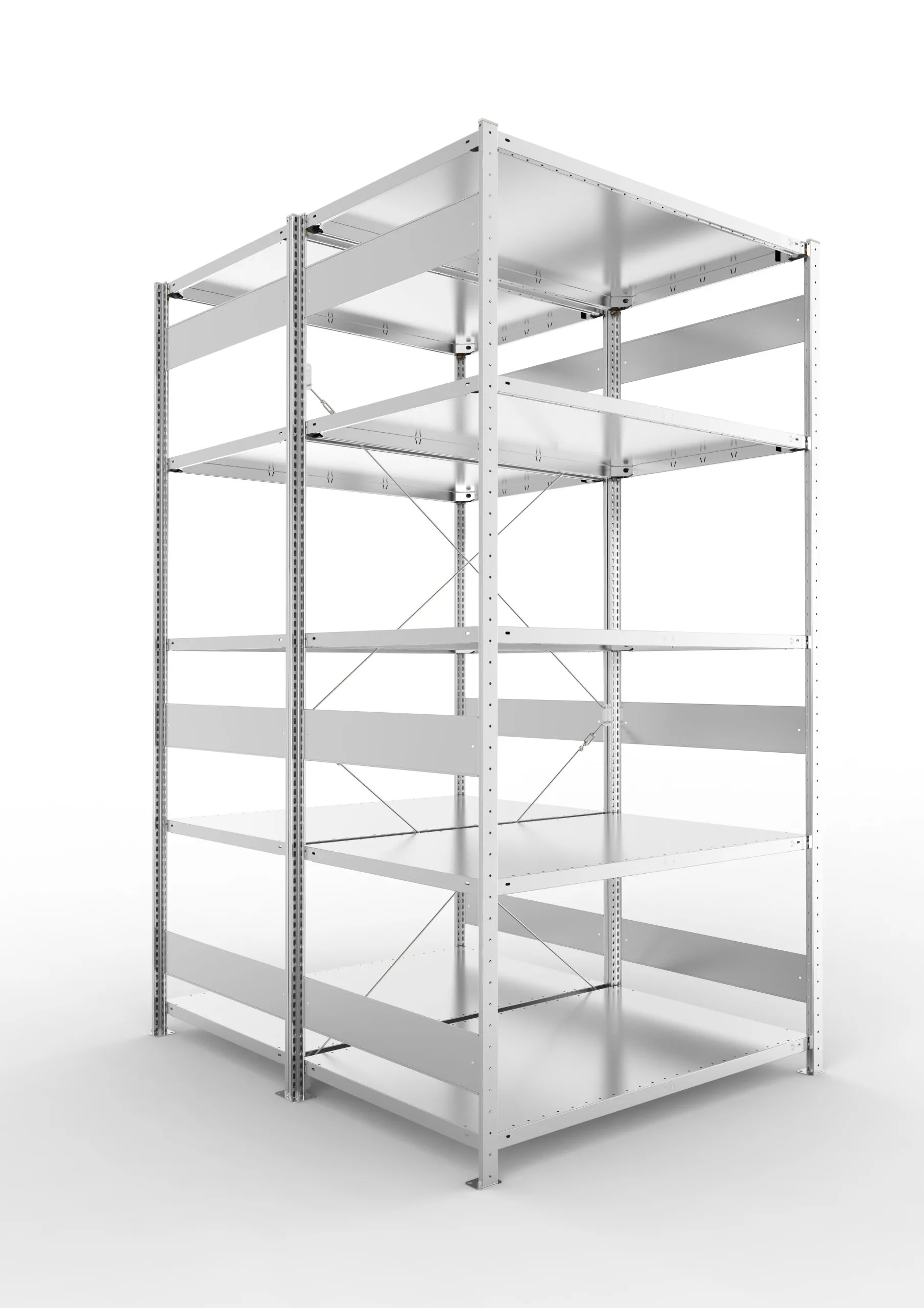 Meta Fachbodenregal Stecksystem CLIP mit vorgefertigten Rahmen | Grundregal | HxBxT 250x130x160cm | 5 Ebenen | Fachlast 230kg | Doppelseitige Bauart mit Diagonalverstrebung | Verzinkt