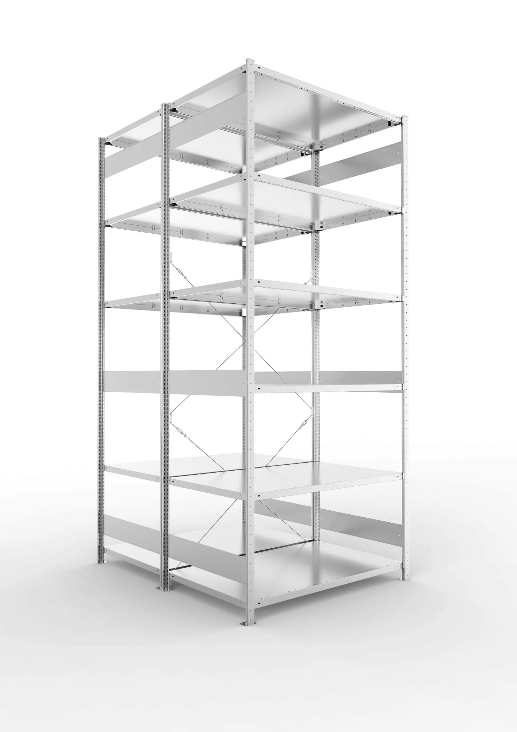 Meta Fachbodenregal Stecksystem CLIP mit vorgefertigten Rahmen | Grundregal | HxBxT 300x130x160cm | 6 Ebenen | Fachlast 230kg | Doppelseitige Bauart mit Diagonalverstrebung | Verzinkt