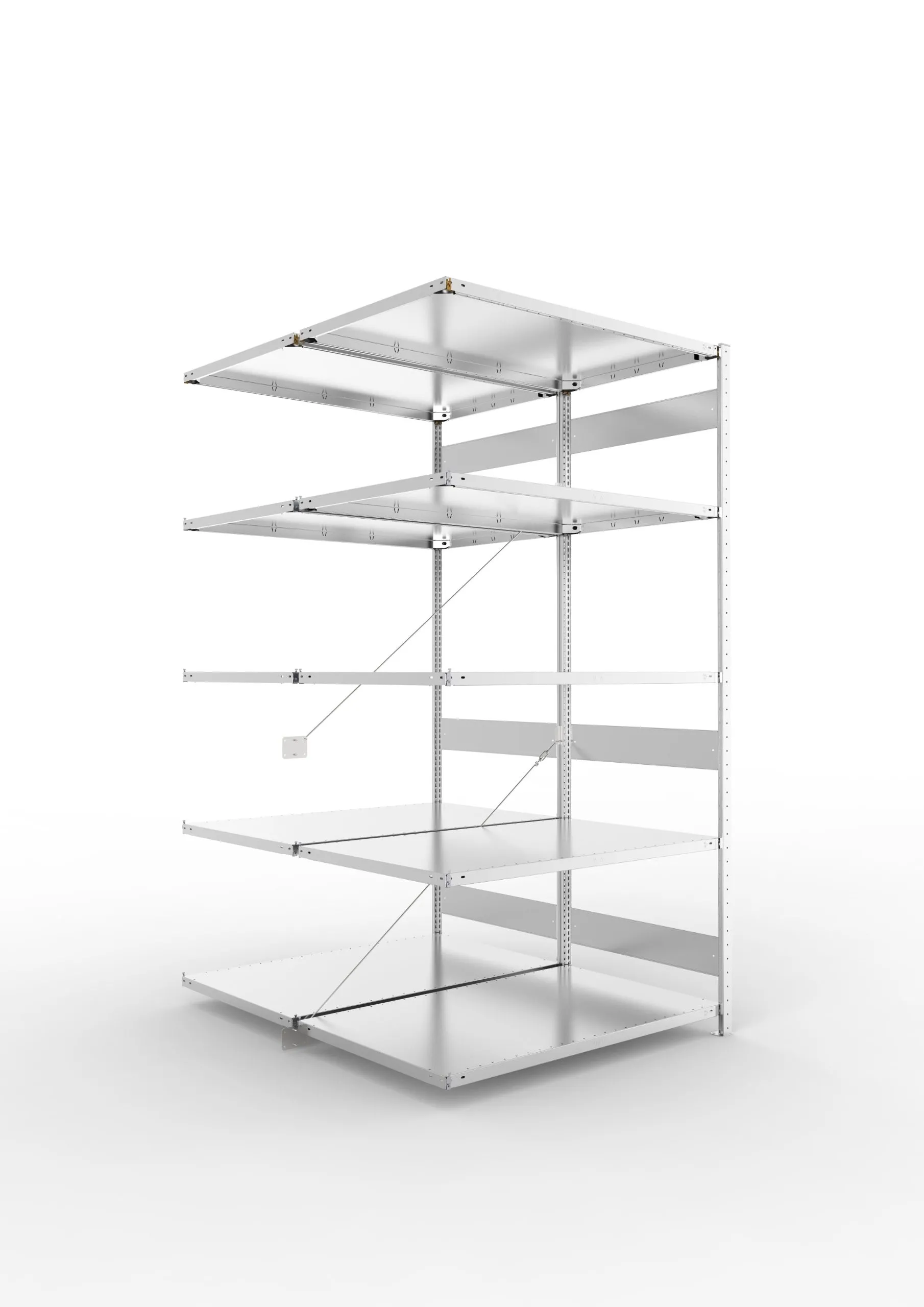 Meta Fachbodenregal Stecksystem CLIP mit vorgefertigten Rahmen | Anbauregal | HxBxT 300x130x160cm | 6 Ebenen | Fachlast 230kg | Doppelseitige Bauart mit Diagonalverstrebung | Verzinkt