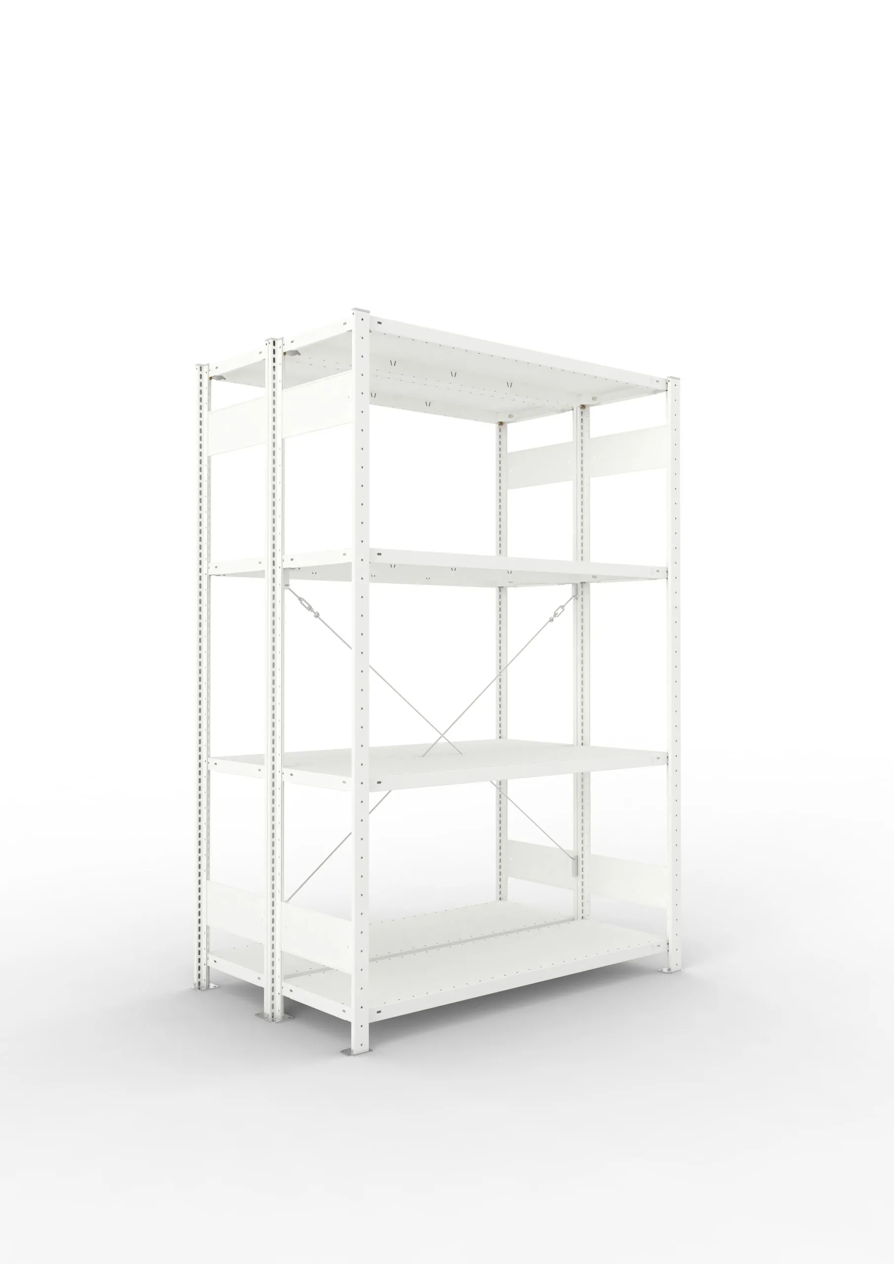 Meta Fachbodenregal Stecksystem CLIP mit vorgefertigten Rahmen | Grundregal | HxBxT 200x130x80cm | 4 Ebenen | Fachlast 230kg | Doppelseitige Bauart mit Diagonalverstrebung | Lichtgrau