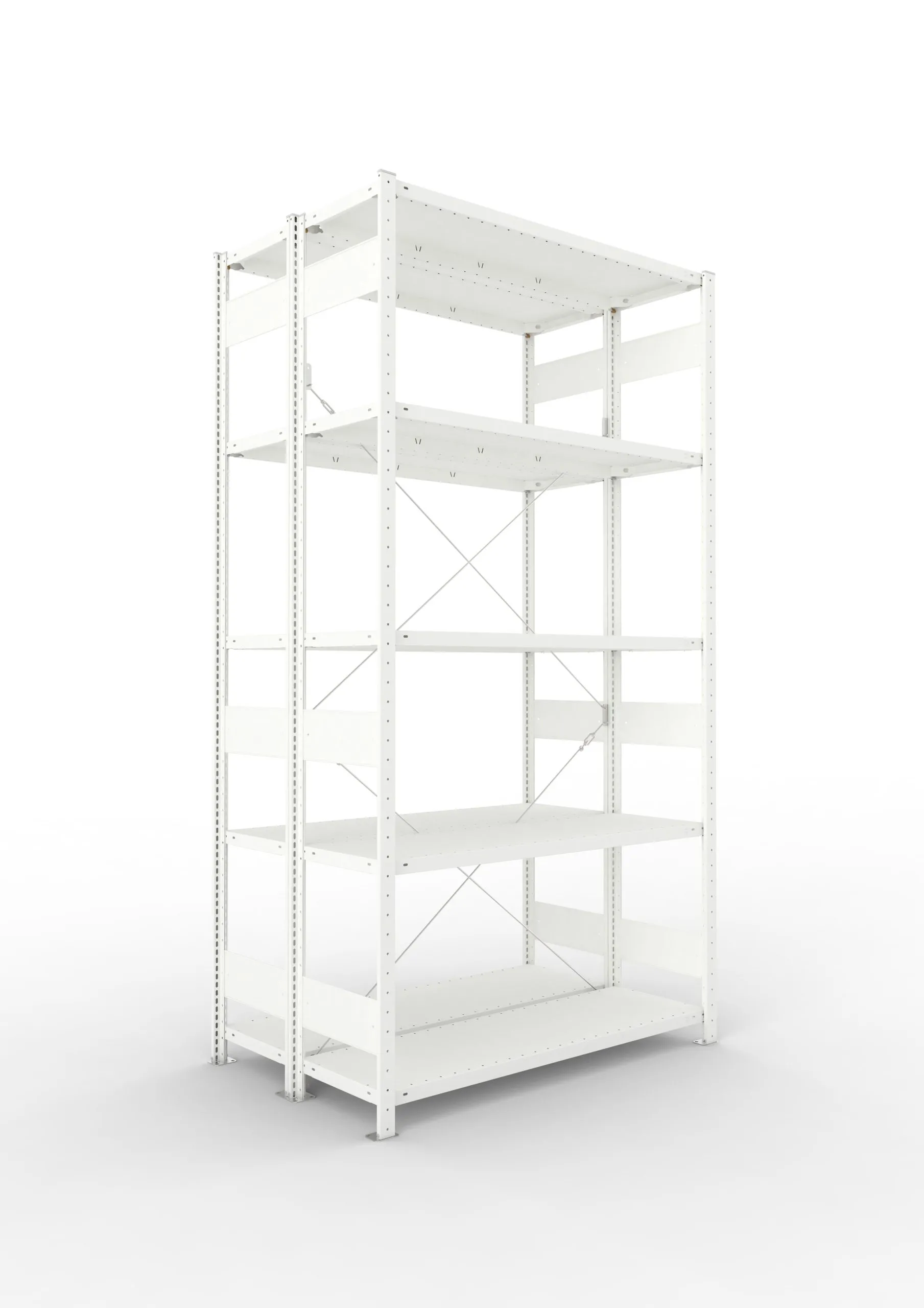 Meta Fachbodenregal Stecksystem CLIP mit vorgefertigten Rahmen | Grundregal | HxBxT 250x130x80cm | 5 Ebenen | Fachlast 230kg | Doppelseitige Bauart mit Diagonalverstrebung | Lichtgrau