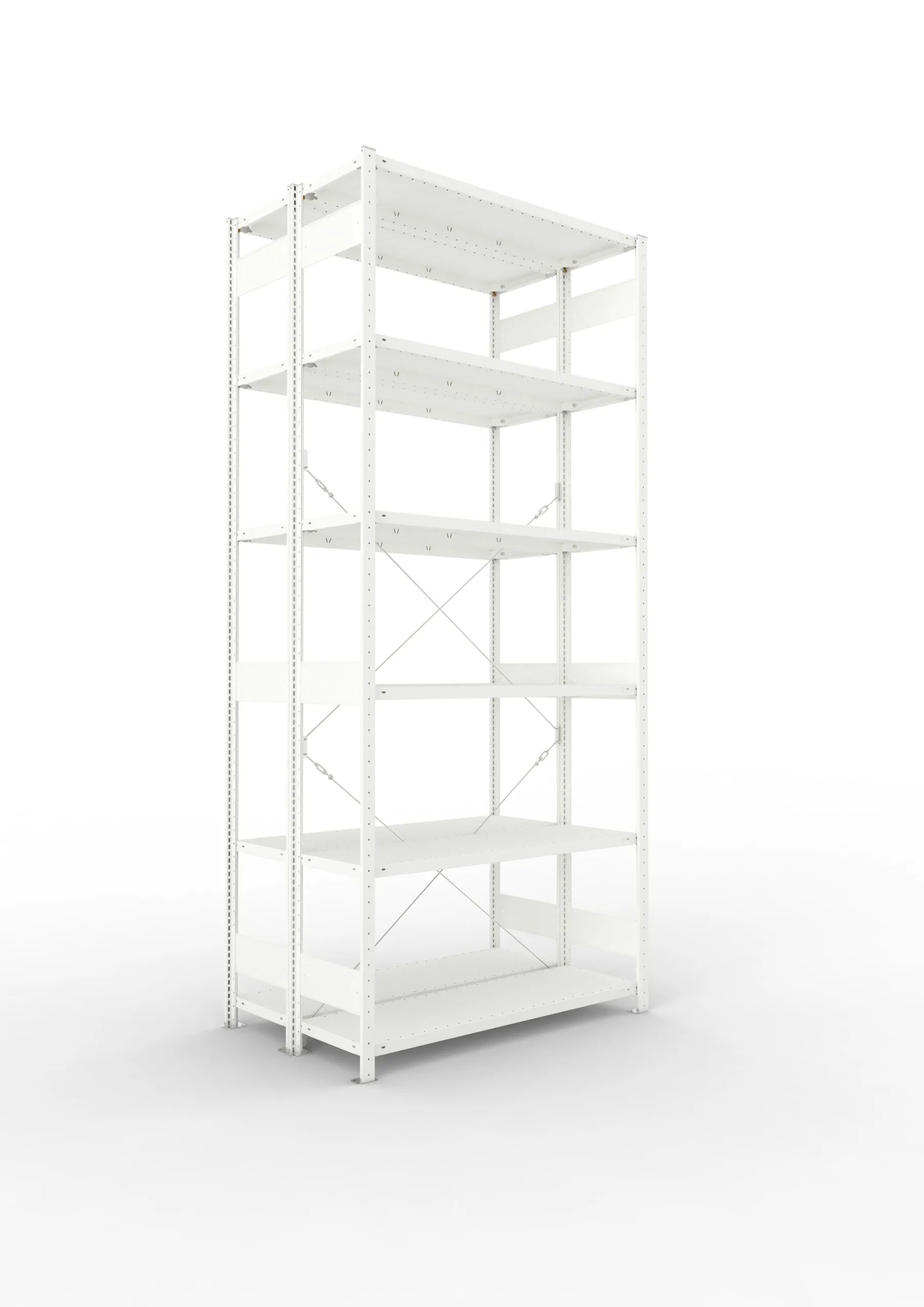 Meta Fachbodenregal Stecksystem CLIP mit vorgefertigten Rahmen | Grundregal | HxBxT 300x130x80cm | 6 Ebenen | Fachlast 230kg | Doppelseitige Bauart mit Diagonalverstrebung | Lichtgrau