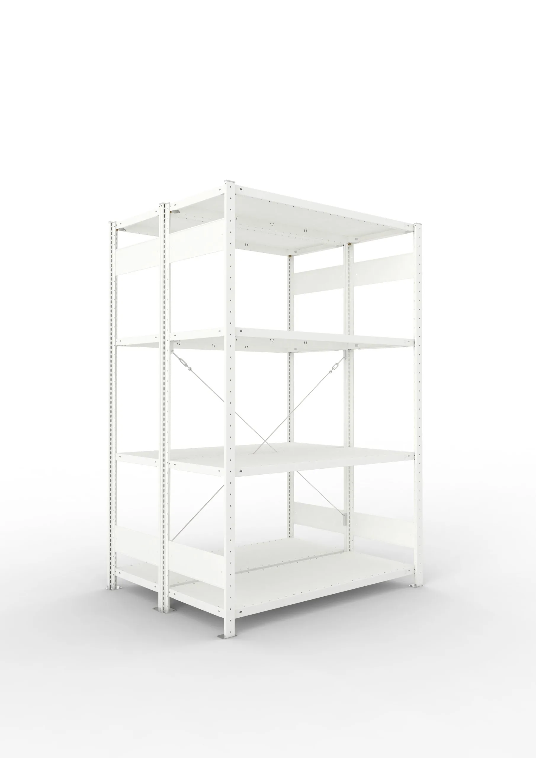 Meta Fachbodenregal Stecksystem CLIP mit vorgefertigten Rahmen | Grundregal | HxBxT 200x130x100cm | 4 Ebenen | Fachlast 230kg | Doppelseitige Bauart mit Diagonalverstrebung | Lichtgrau