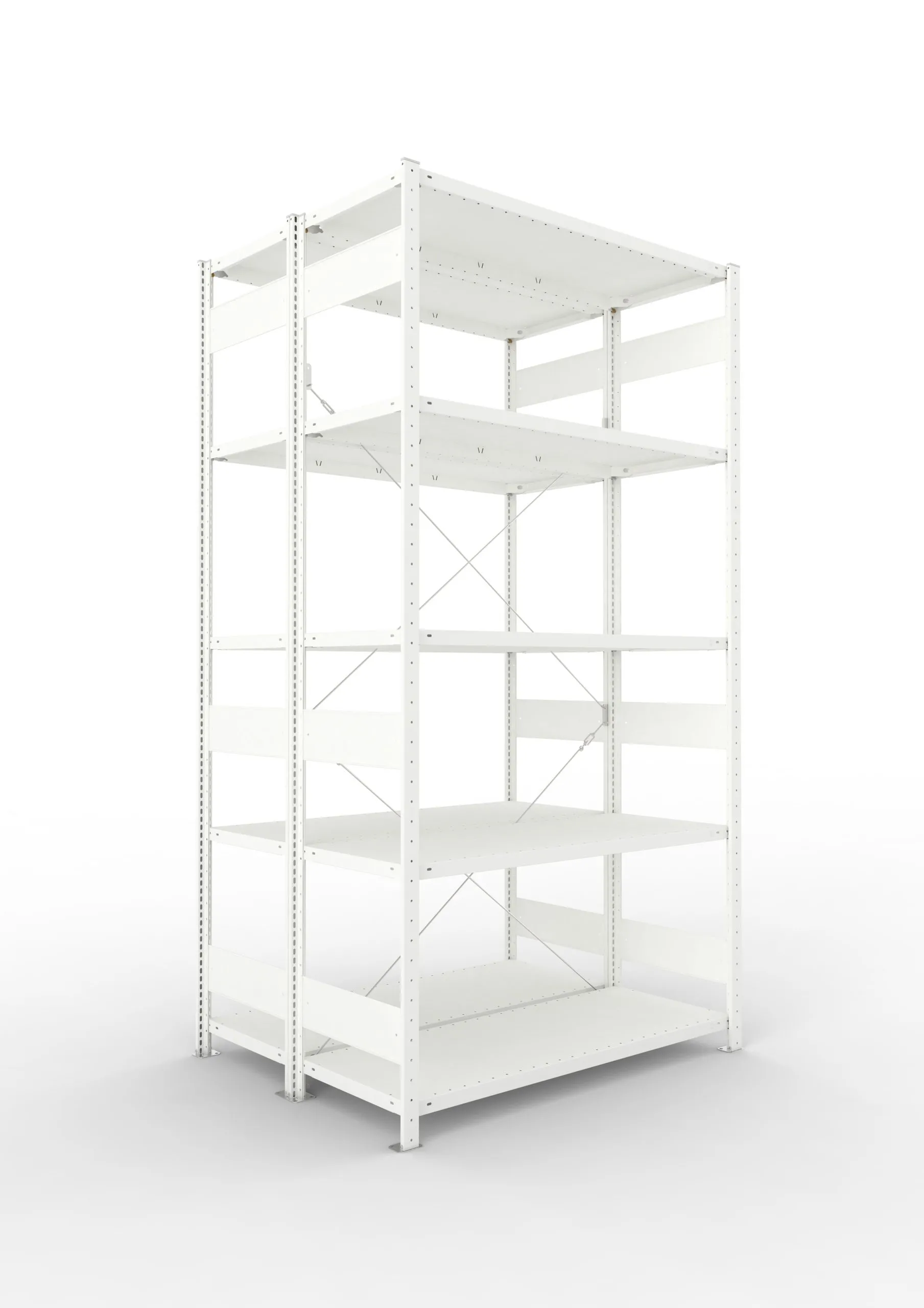 Meta Fachbodenregal Stecksystem CLIP mit vorgefertigten Rahmen | Grundregal | HxBxT 250x130x100cm | 5 Ebenen | Fachlast 230kg | Doppelseitige Bauart mit Diagonalverstrebung | Lichtgrau