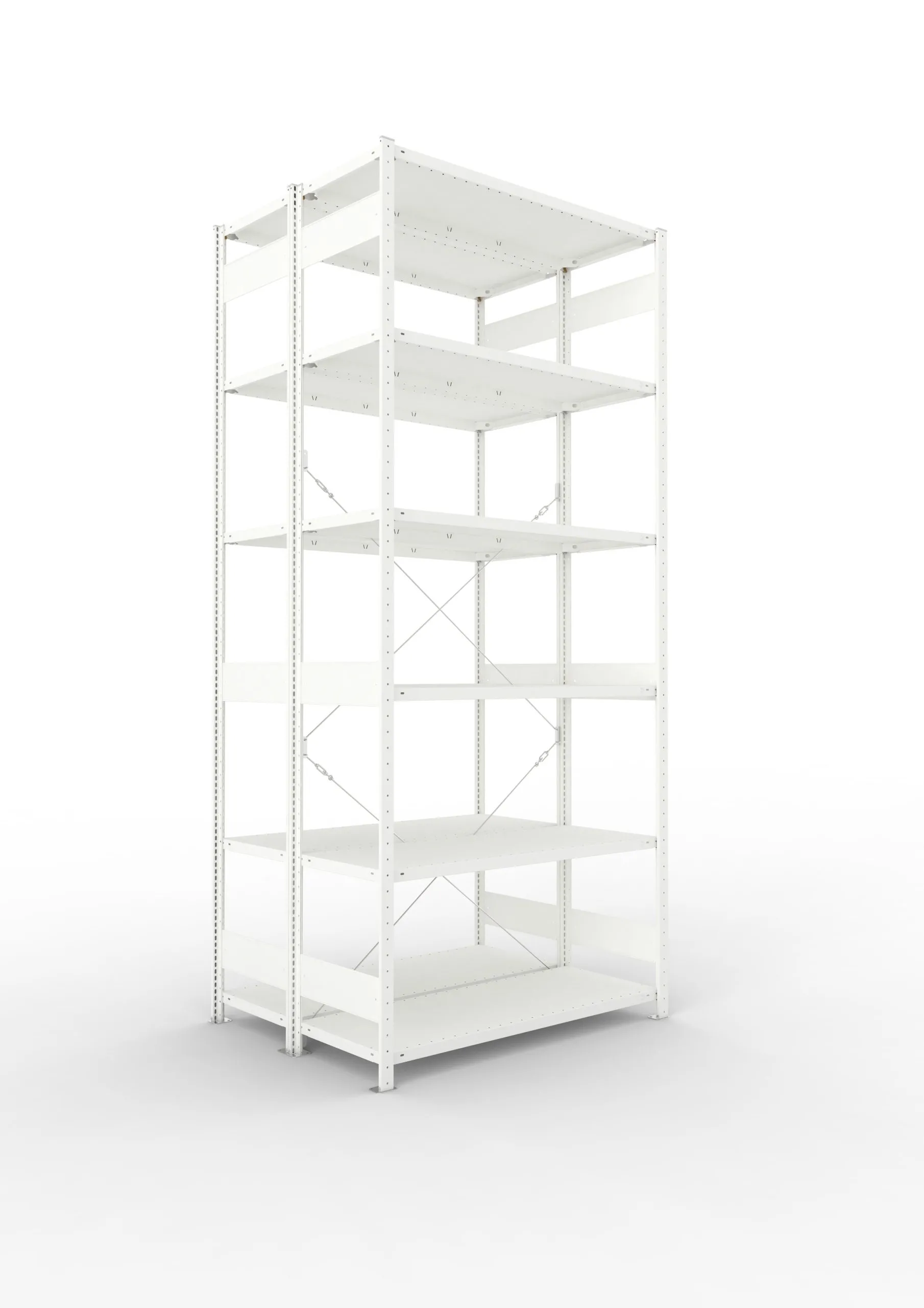 Meta Fachbodenregal Stecksystem CLIP mit vorgefertigten Rahmen | Grundregal | HxBxT 300x130x100cm | 6 Ebenen | Fachlast 230kg | Doppelseitige Bauart mit Diagonalverstrebung | Lichtgrau