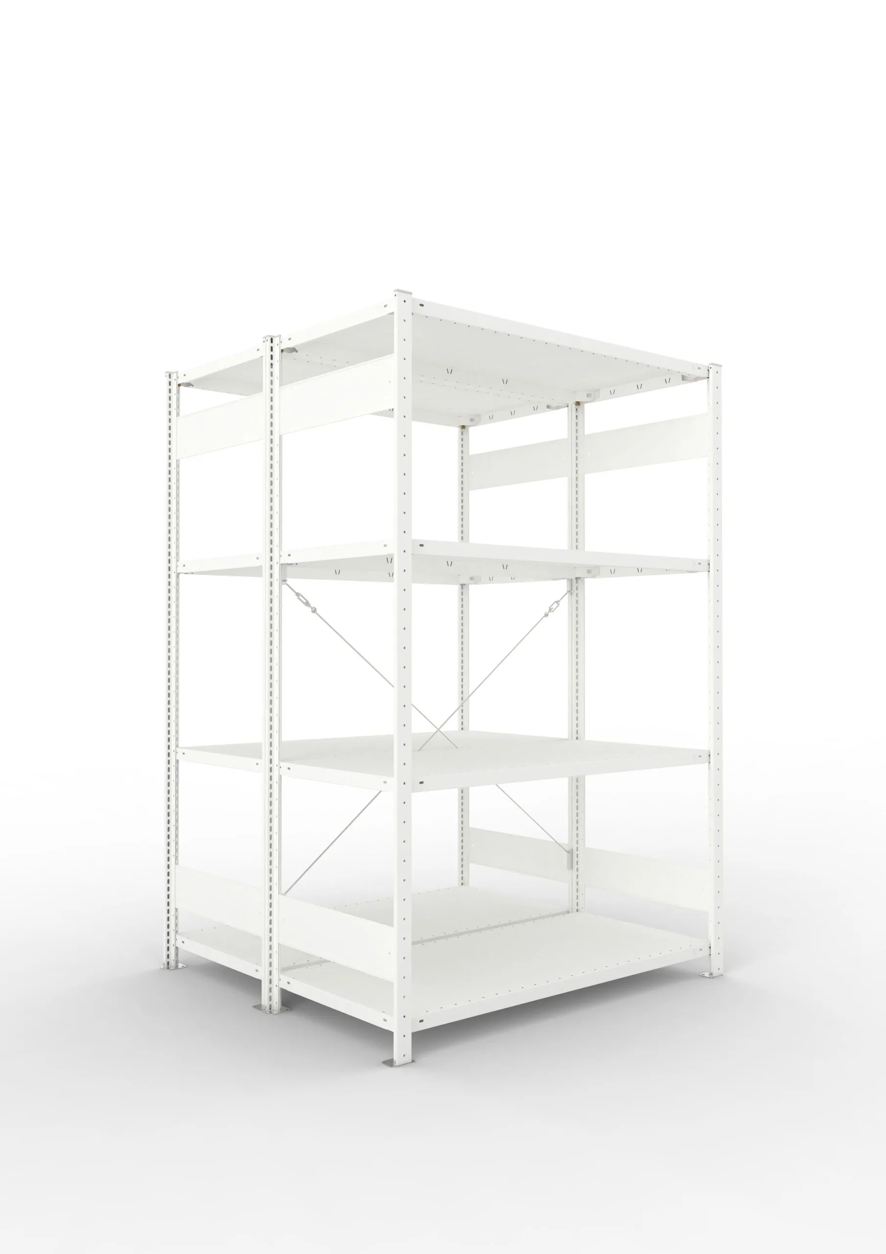 Meta Fachbodenregal Stecksystem CLIP mit vorgefertigten Rahmen | Grundregal | HxBxT 200x130x120cm | 4 Ebenen | Fachlast 230kg | Doppelseitige Bauart mit Diagonalverstrebung | Lichtgrau