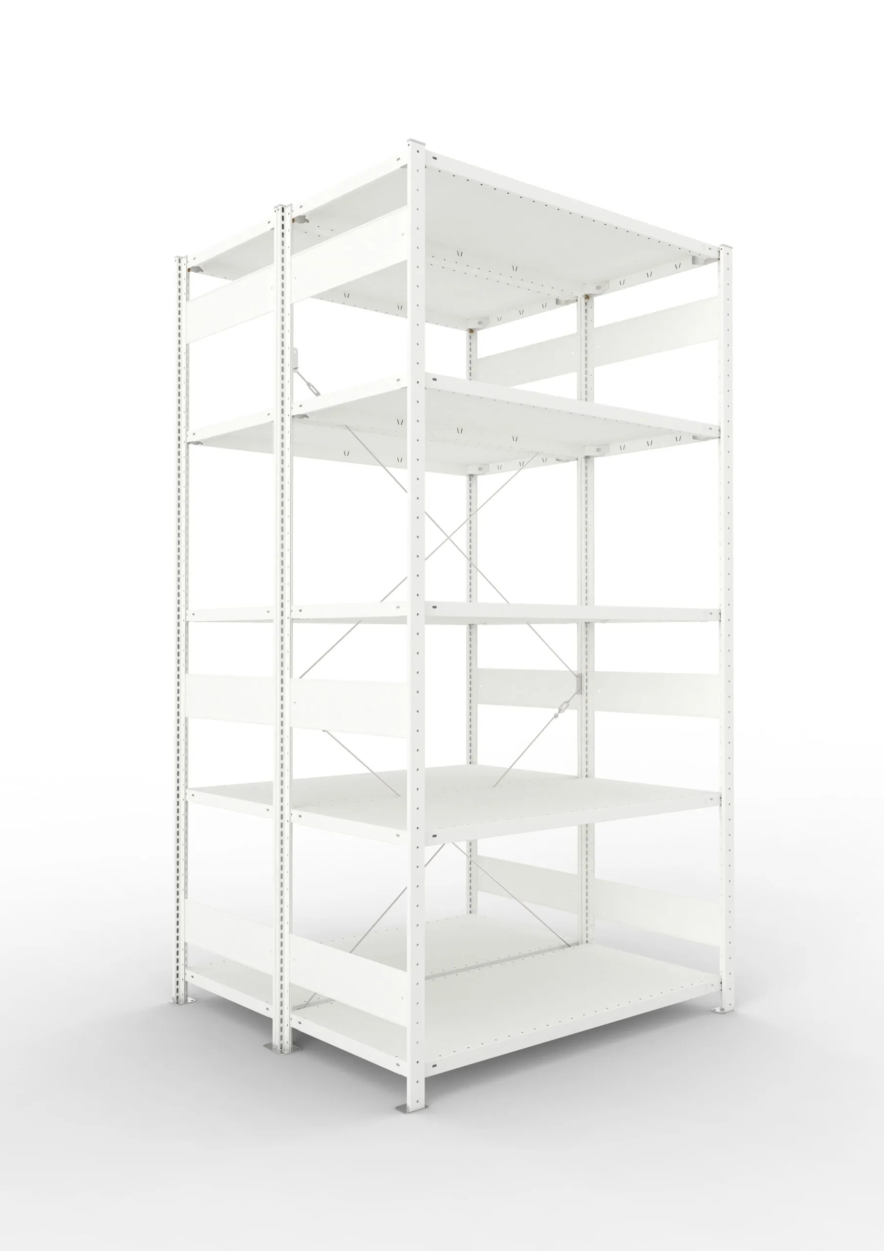 Meta Fachbodenregal Stecksystem CLIP mit vorgefertigten Rahmen | Grundregal | HxBxT 250x130x120cm | 5 Ebenen | Fachlast 230kg | Doppelseitige Bauart mit Diagonalverstrebung | Lichtgrau