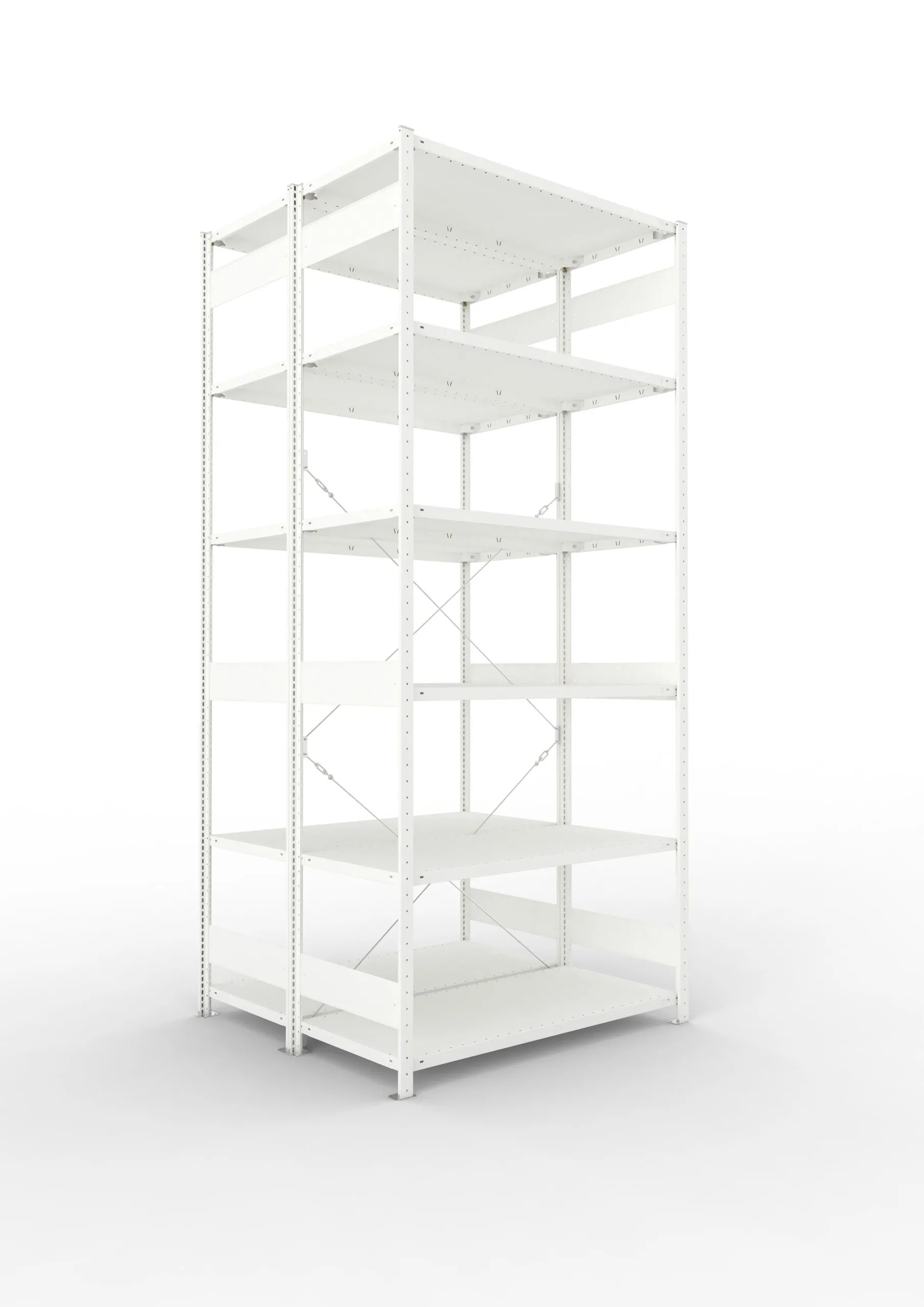 Meta Fachbodenregal Stecksystem CLIP mit vorgefertigten Rahmen | Grundregal | HxBxT 300x130x120cm | 6 Ebenen | Fachlast 230kg | Doppelseitige Bauart mit Diagonalverstrebung | Lichtgrau