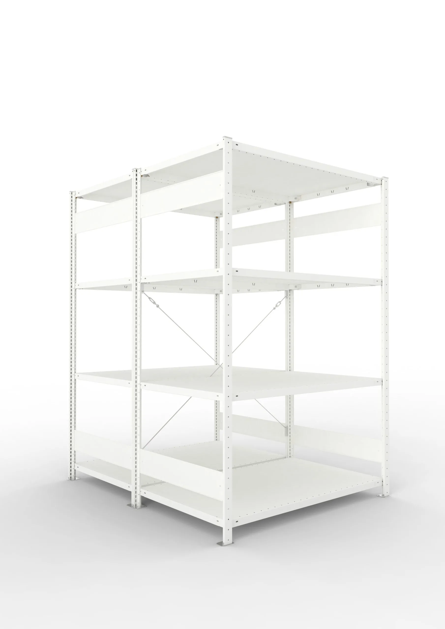 Meta Fachbodenregal Stecksystem CLIP mit vorgefertigten Rahmen | Grundregal | HxBxT 200x130x160cm | 4 Ebenen | Fachlast 230kg | Doppelseitige Bauart mit Diagonalverstrebung | Lichtgrau