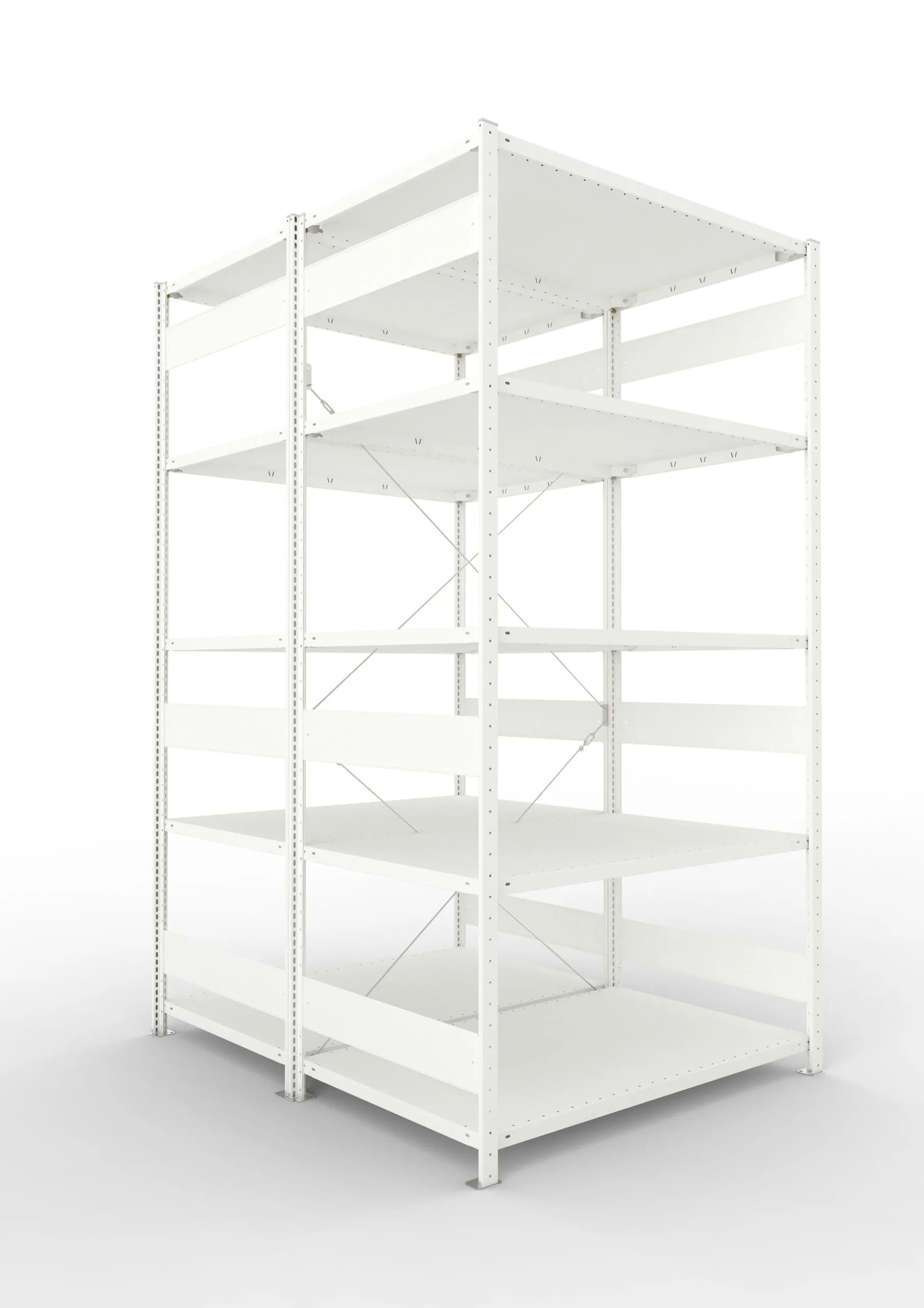 Meta Fachbodenregal Stecksystem CLIP mit vorgefertigten Rahmen | Grundregal | HxBxT 250x130x160cm | 5 Ebenen | Fachlast 230kg | Doppelseitige Bauart mit Diagonalverstrebung | Lichtgrau