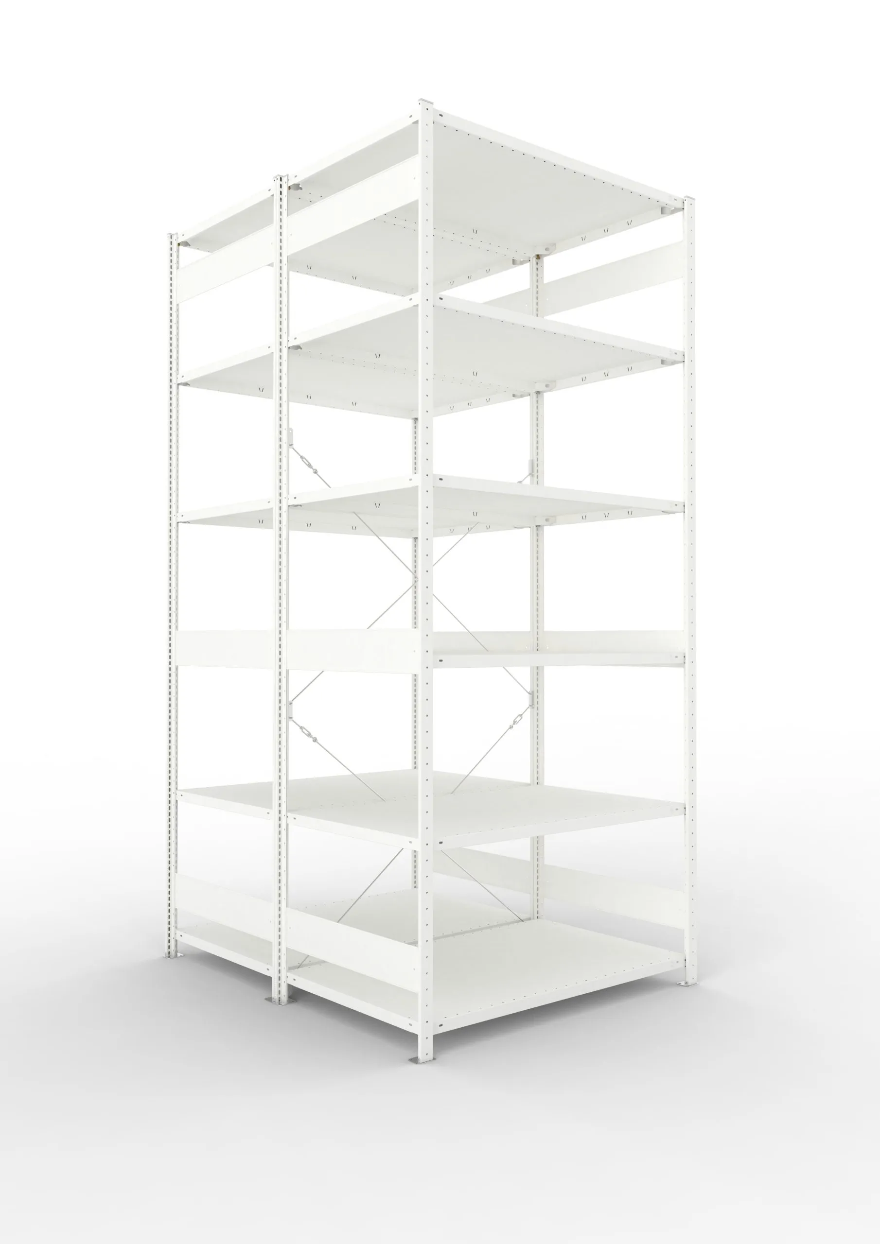 Meta Fachbodenregal Stecksystem CLIP mit vorgefertigten Rahmen | Grundregal | HxBxT 300x130x160cm | 6 Ebenen | Fachlast 230kg | Doppelseitige Bauart mit Diagonalverstrebung | Lichtgrau