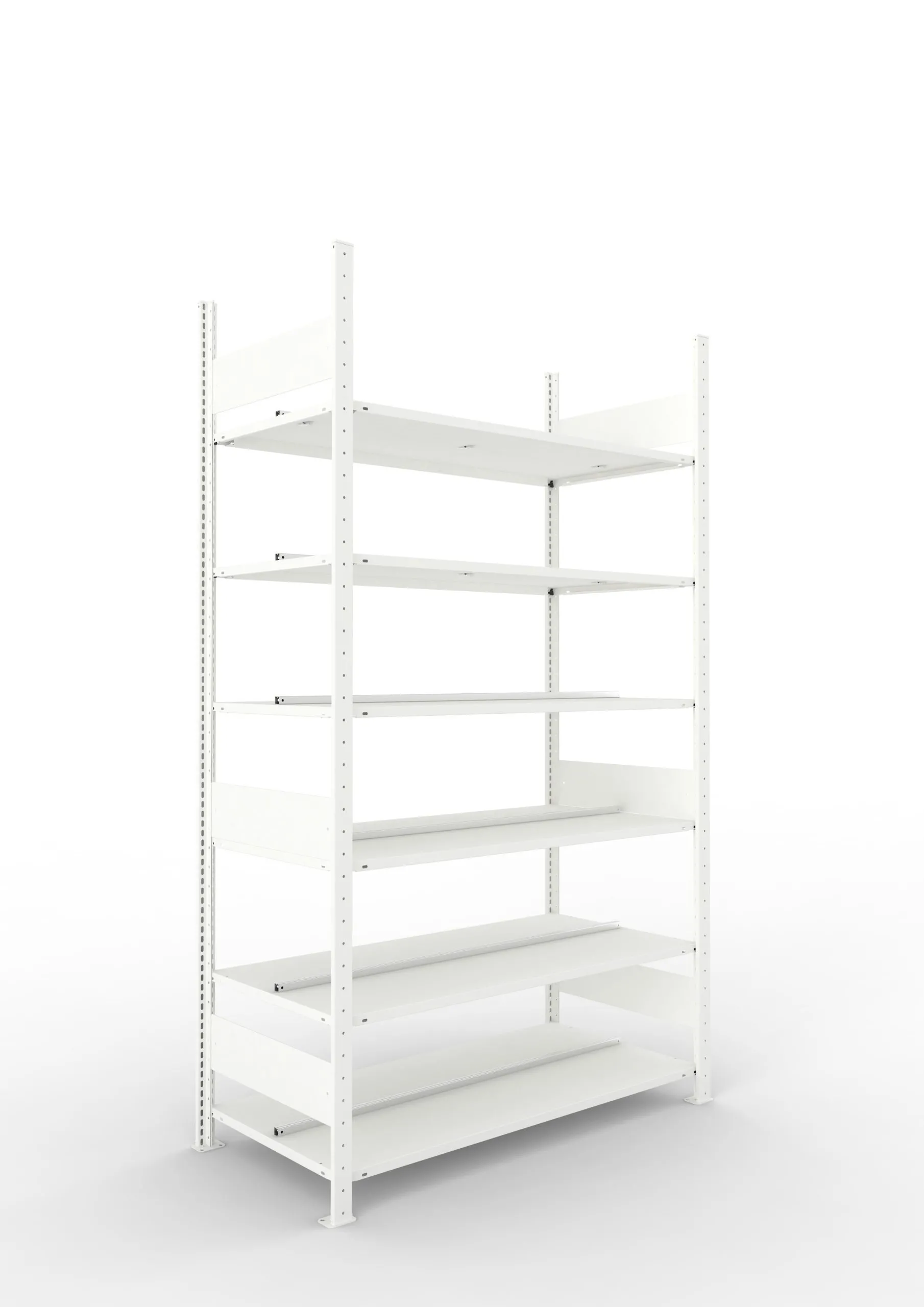 Meta Aktenregal Stecksystem CLIP mit vorgefertigten Rahmen | Grundregal | HxBxT 220x125x60cm | 6 Ebenen | Fachlast 100kg | Beidseitig nutzbar | Lichtgrau