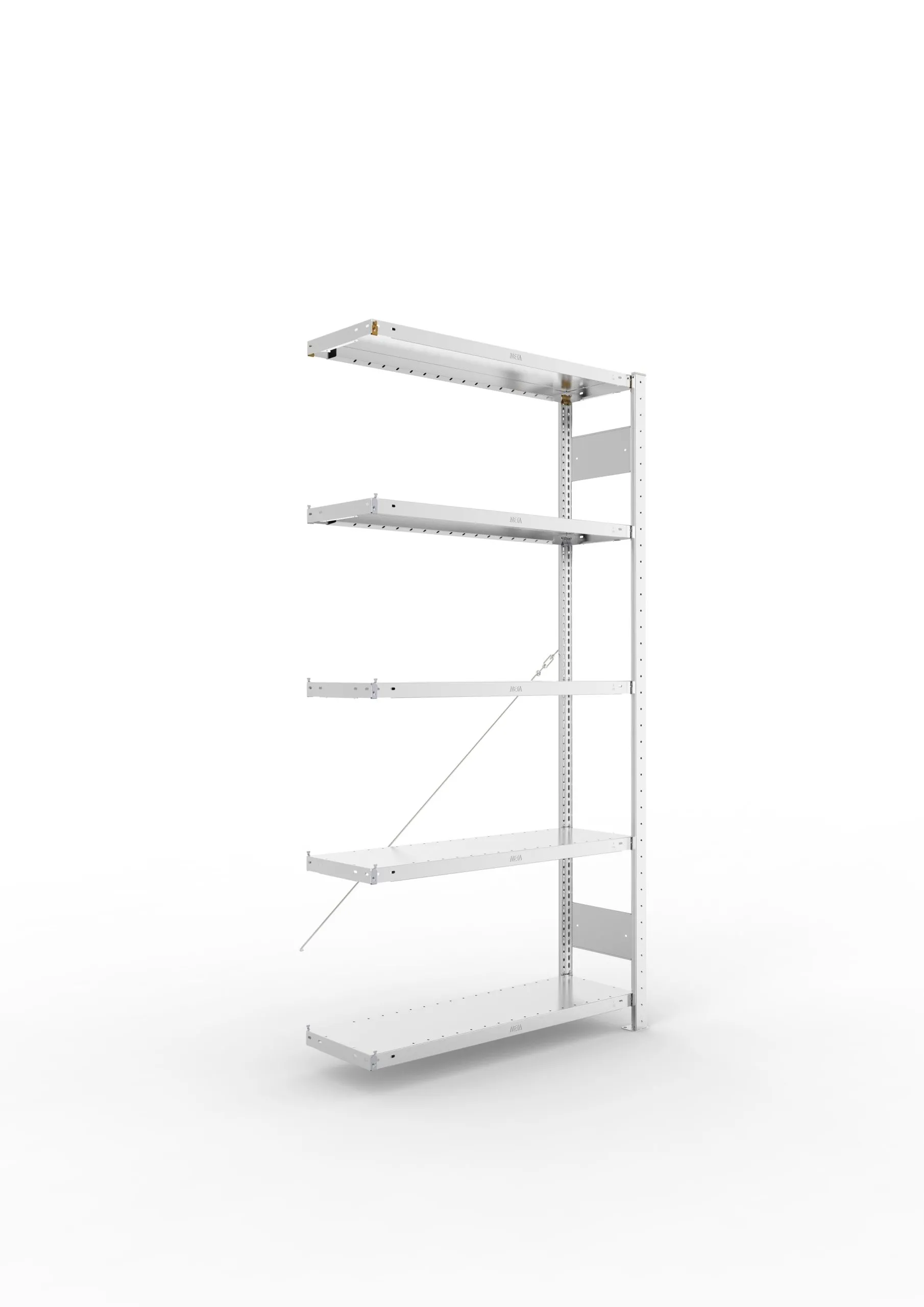 Meta Fachbodenregal Stecksystem CLIP mit vorgefertigten Rahmen | Anbauregal | HxBxT 200x100x30cm | 5 Ebenen | Fachlast 230kg | Einseitig nutzbar | Verzinkt