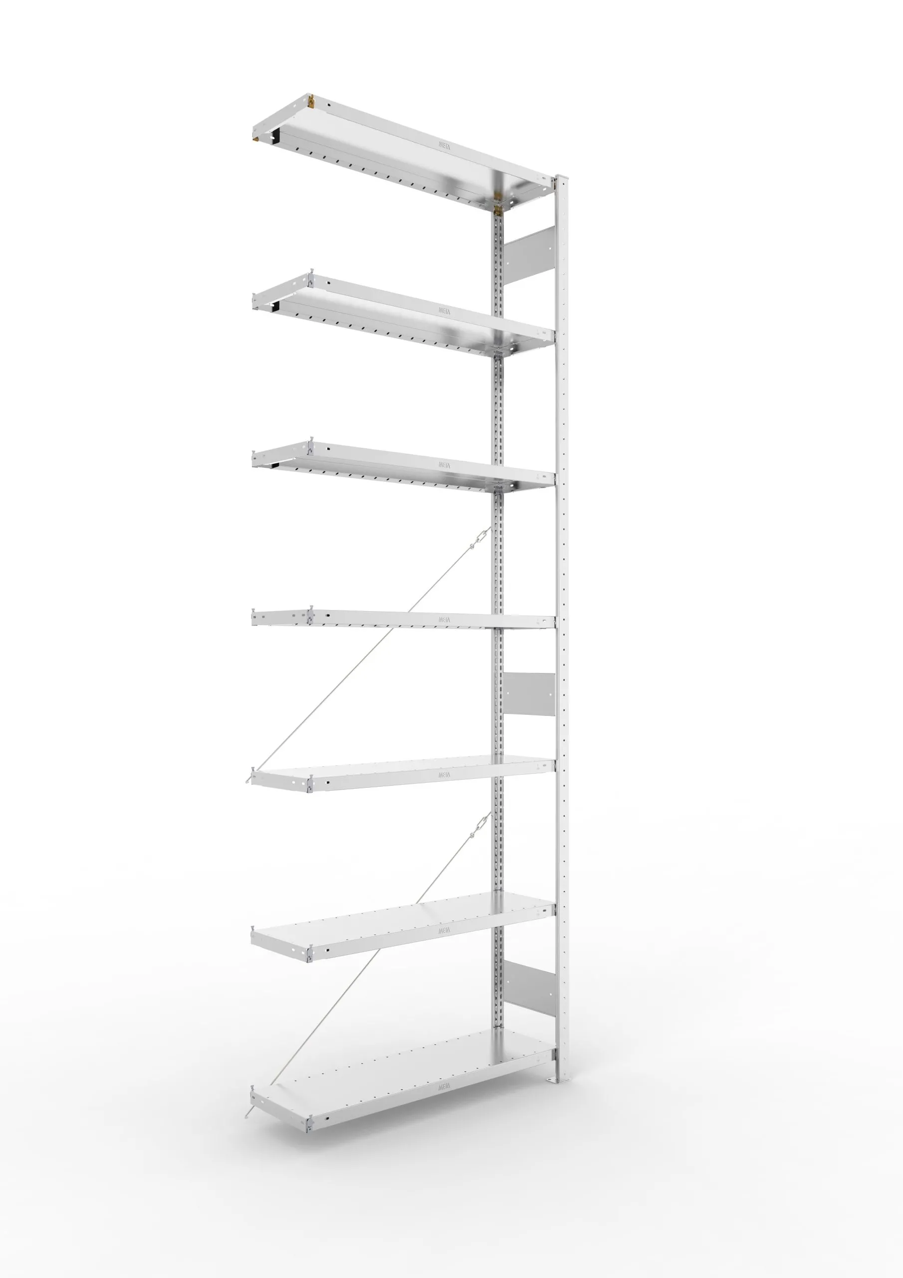 Meta Fachbodenregal Stecksystem CLIP mit vorgefertigten Rahmen | Anbauregal | HxBxT 300x100x30cm | 7 Ebenen | Fachlast 230kg | Einseitig nutzbar | Verzinkt