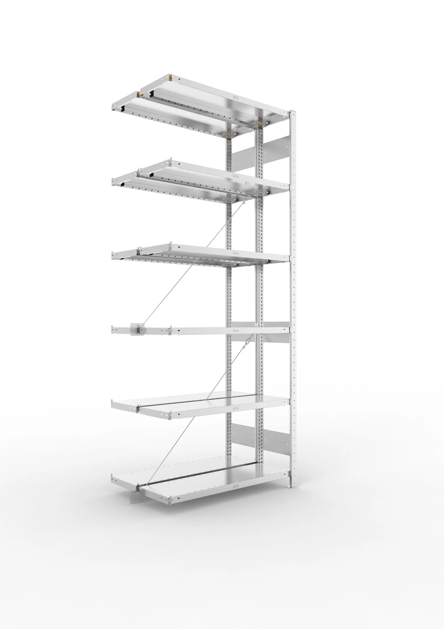 Meta Fachbodenregal Stecksystem CLIP mit vorgefertigten Rahmen | Anbauregal | HxBxT 250x100x60cm | 6 Ebenen | Fachlast 230kg | Doppelseitige Bauart mit Diagonalverstrebung | Verzinkt