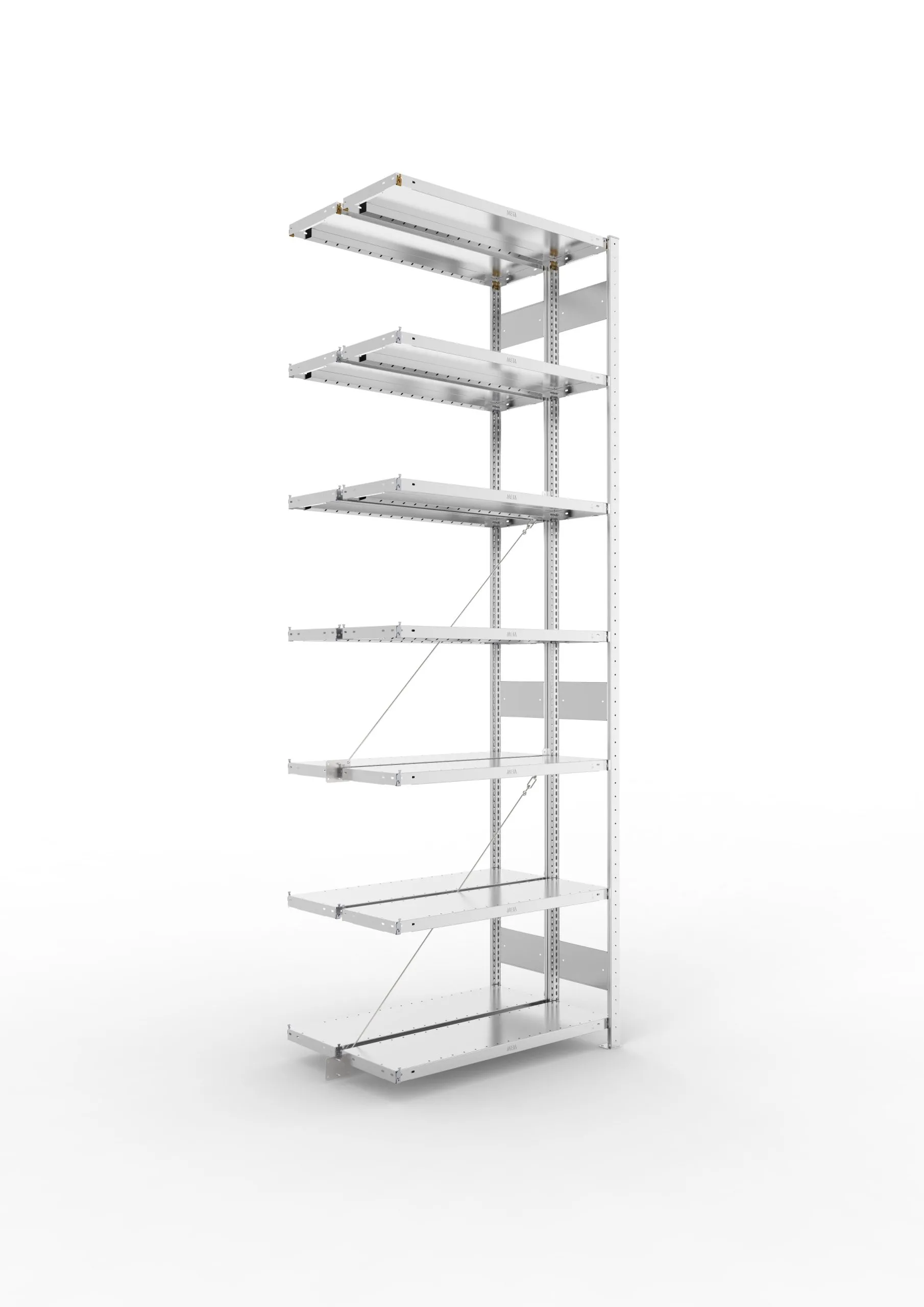 Meta Fachbodenregal Stecksystem CLIP mit vorgefertigten Rahmen | Anbauregal | HxBxT 300x100x60cm | 7 Ebenen | Fachlast 230kg | Doppelseitige Bauart mit Diagonalverstrebung | Verzinkt