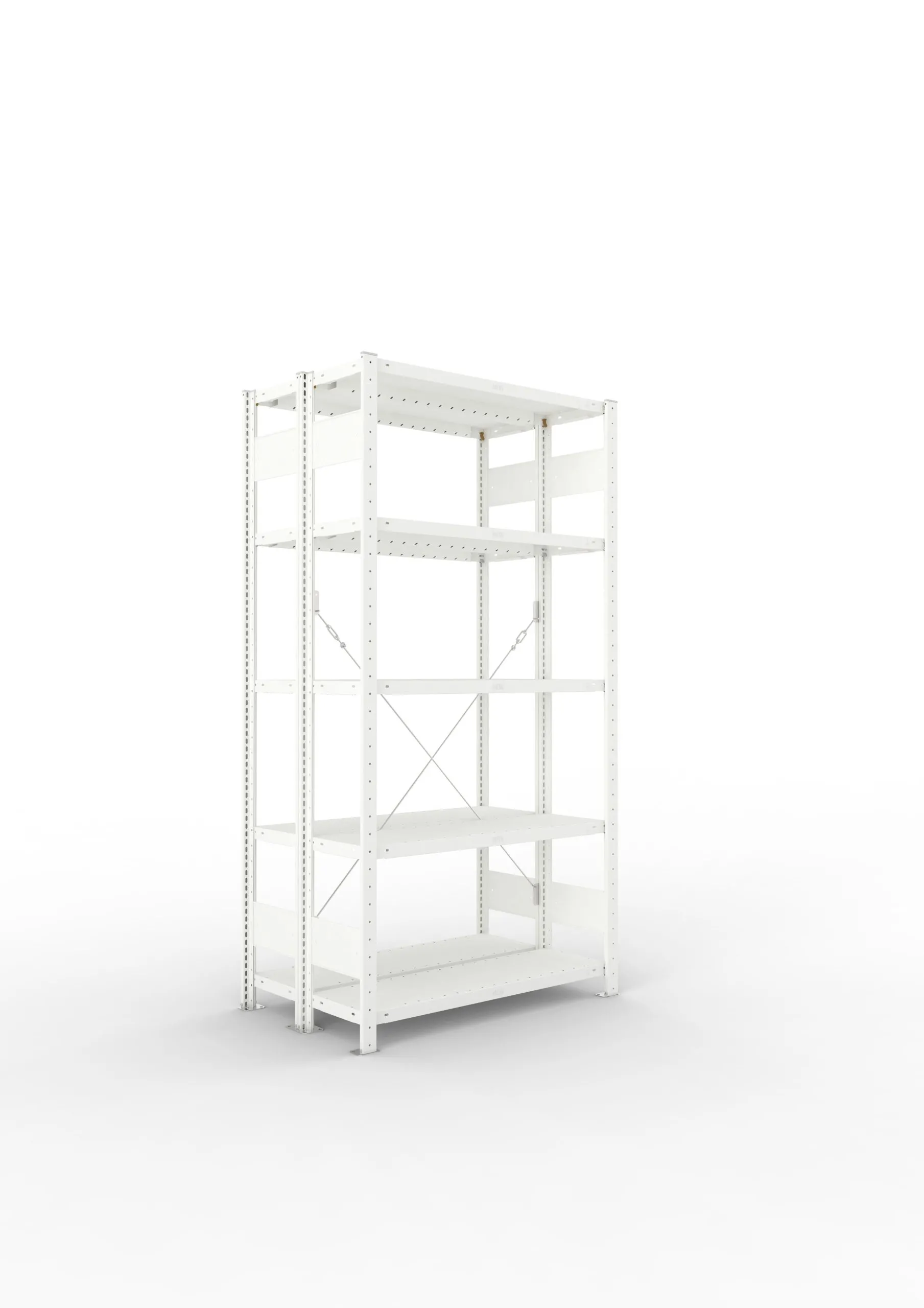 Meta Fachbodenregal Stecksystem CLIP mit vorgefertigten Rahmen | Grundregal | HxBxT 200x100x60cm | 5 Ebenen | Fachlast 230kg | Doppelseitige Bauart mit Diagonalverstrebung | Lichtgrau