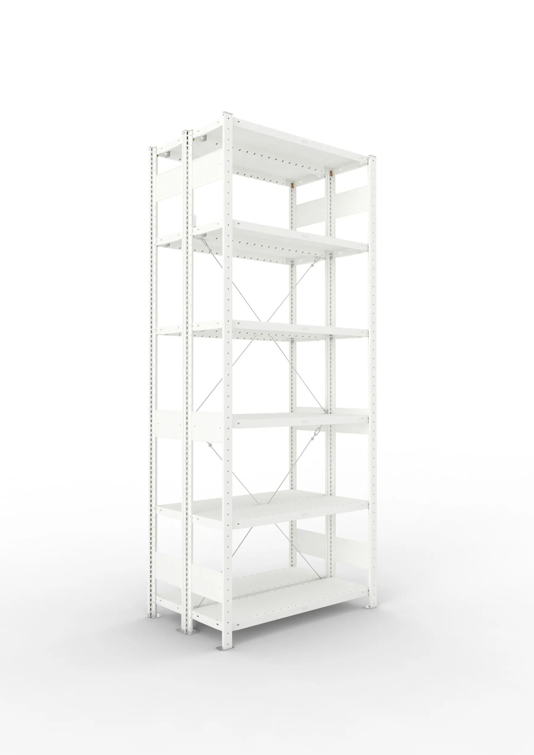 Meta Fachbodenregal Stecksystem CLIP mit vorgefertigten Rahmen | Grundregal | HxBxT 250x100x60cm | 6 Ebenen | Fachlast 230kg | Doppelseitige Bauart mit Diagonalverstrebung | Lichtgrau