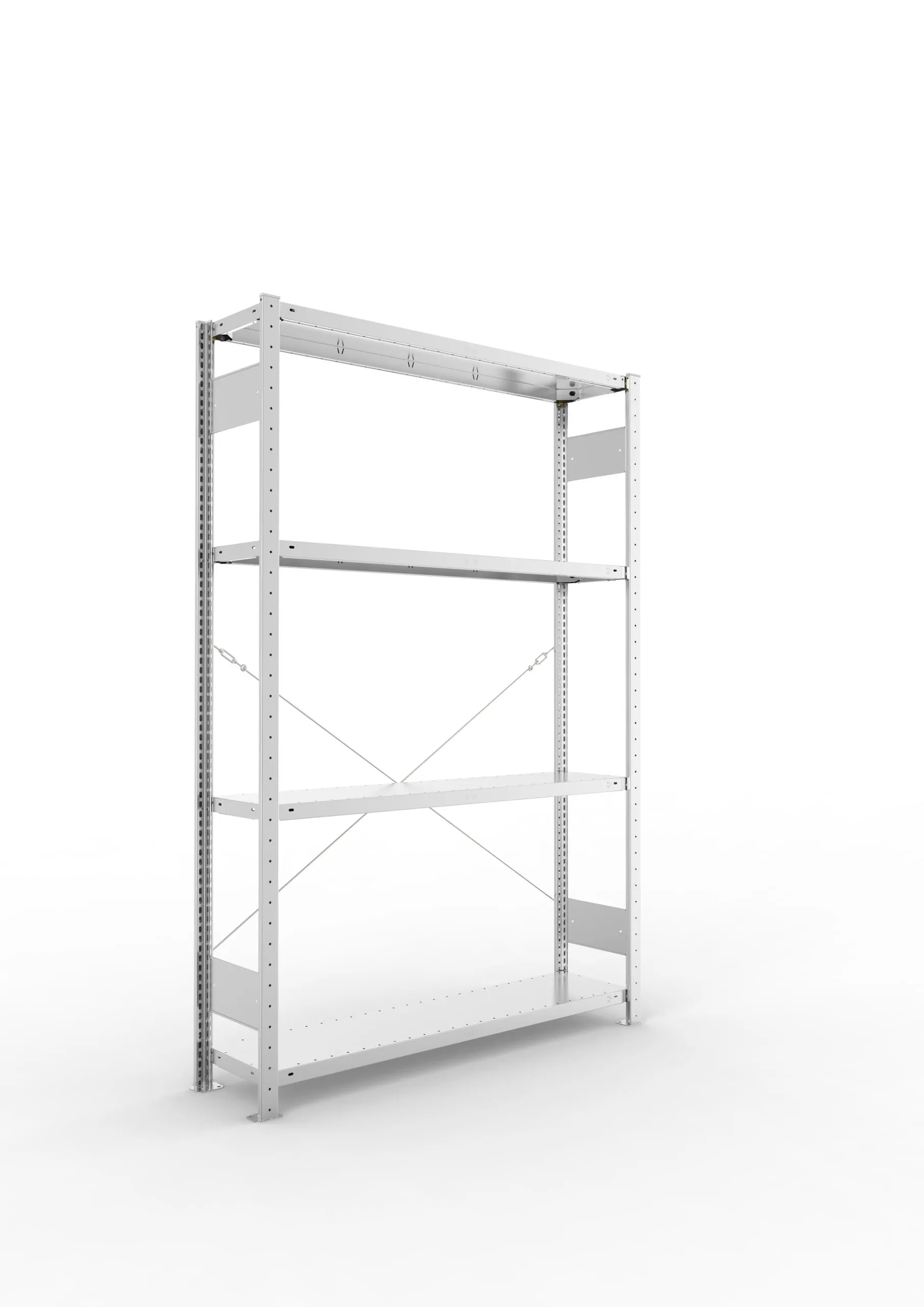 Meta Fachbodenregal Stecksystem CLIP mit vorgefertigten Rahmen | Grundregal | HxBxT 200x130x30cm | 4 Ebenen | Fachlast 230kg | Einseitig nutzbar | Verzinkt