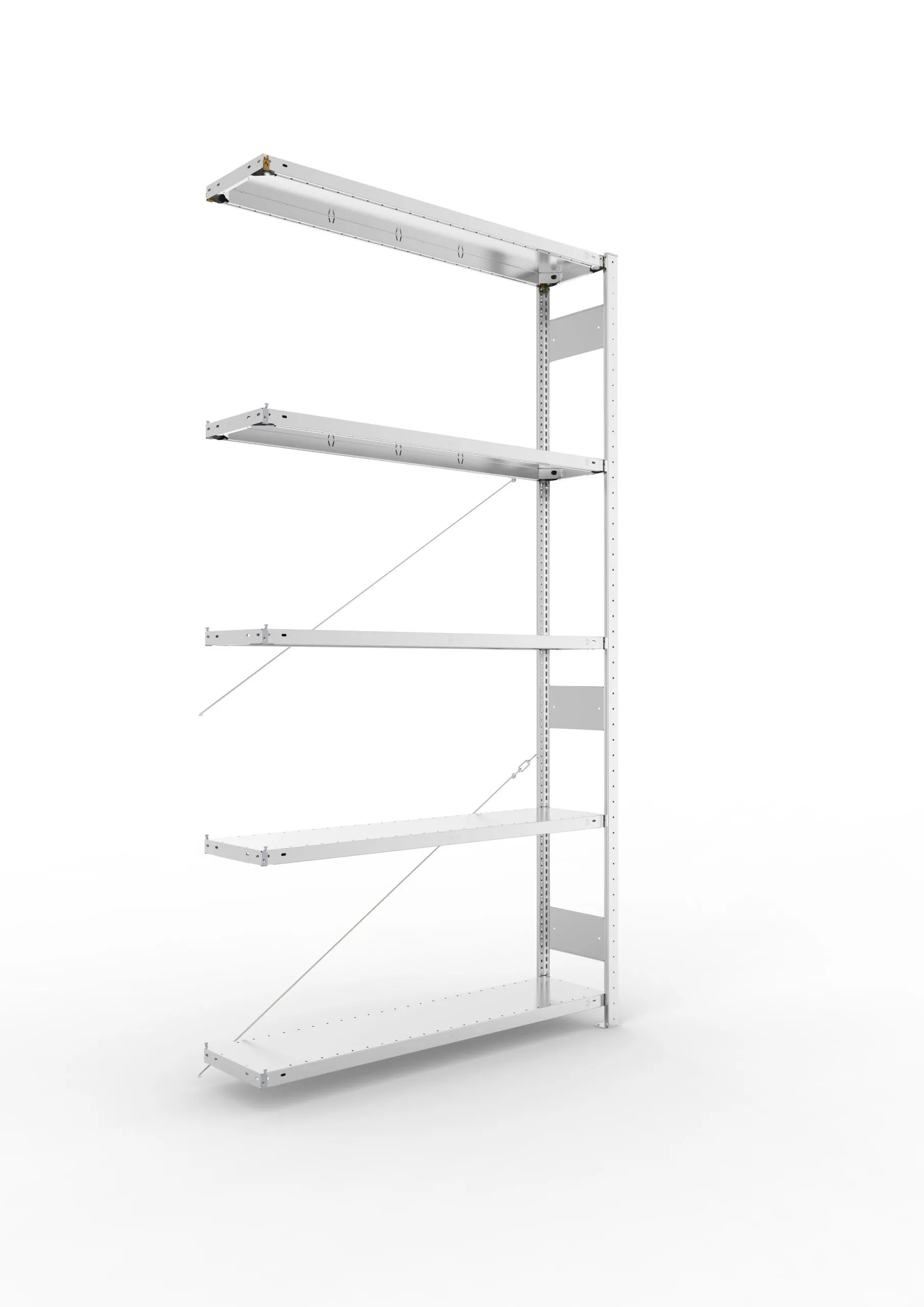 Meta Fachbodenregal Stecksystem CLIP mit vorgefertigten Rahmen | Anbauregal | HxBxT 250x130x30cm | 5 Ebenen | Fachlast 230kg | Einseitig nutzbar | Verzinkt