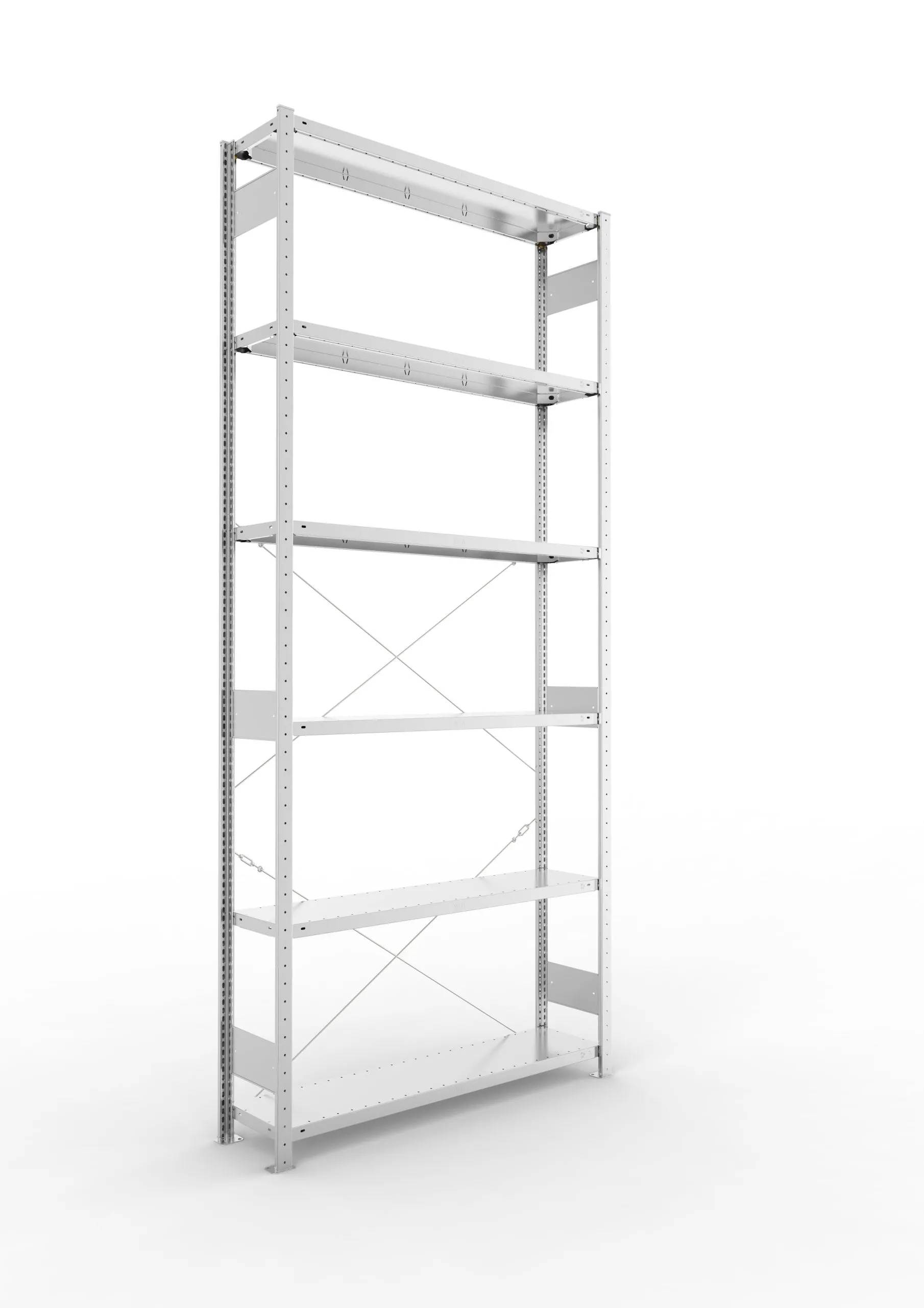 Meta Fachbodenregal Stecksystem CLIP mit vorgefertigten Rahmen | Grundregal | HxBxT 300x130x30cm | 6 Ebenen | Fachlast 230kg | Einseitig nutzbar | Verzinkt