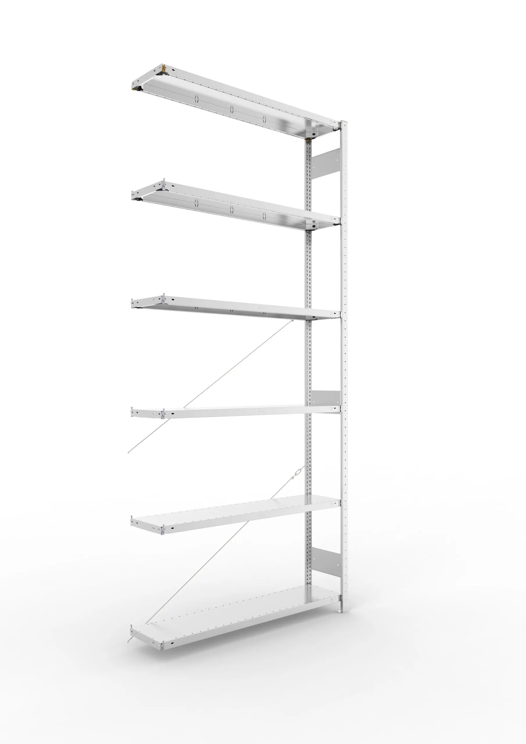 Meta Fachbodenregal Stecksystem CLIP mit vorgefertigten Rahmen | Anbauregal | HxBxT 300x130x30cm | 6 Ebenen | Fachlast 230kg | Einseitig nutzbar | Verzinkt