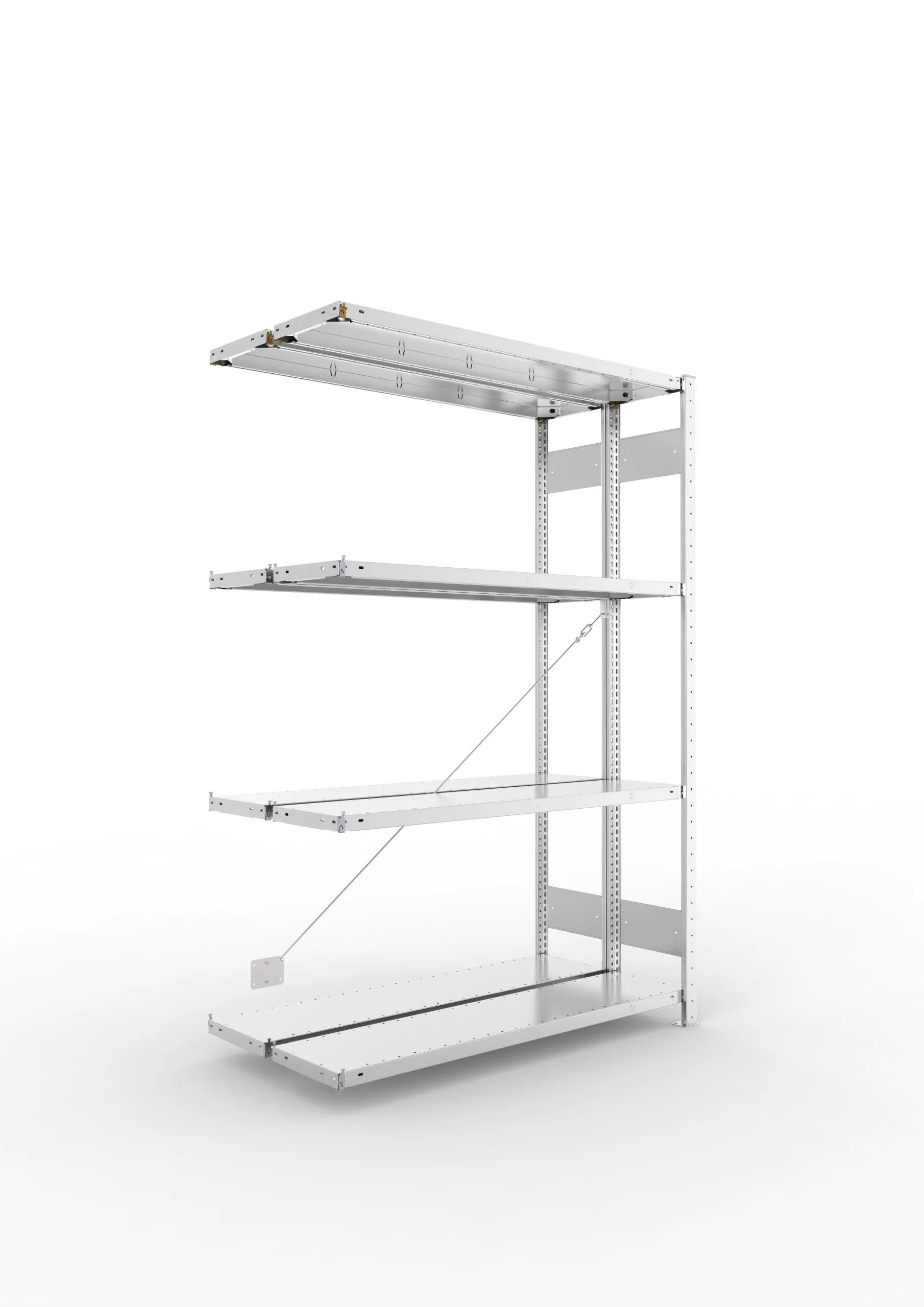 Meta Fachbodenregal Stecksystem CLIP mit vorgefertigten Rahmen | Anbauregal | HxBxT 200x130x60cm | 4 Ebenen | Fachlast 230kg | Doppelseitige Bauart mit Diagonalverstrebung | Verzinkt